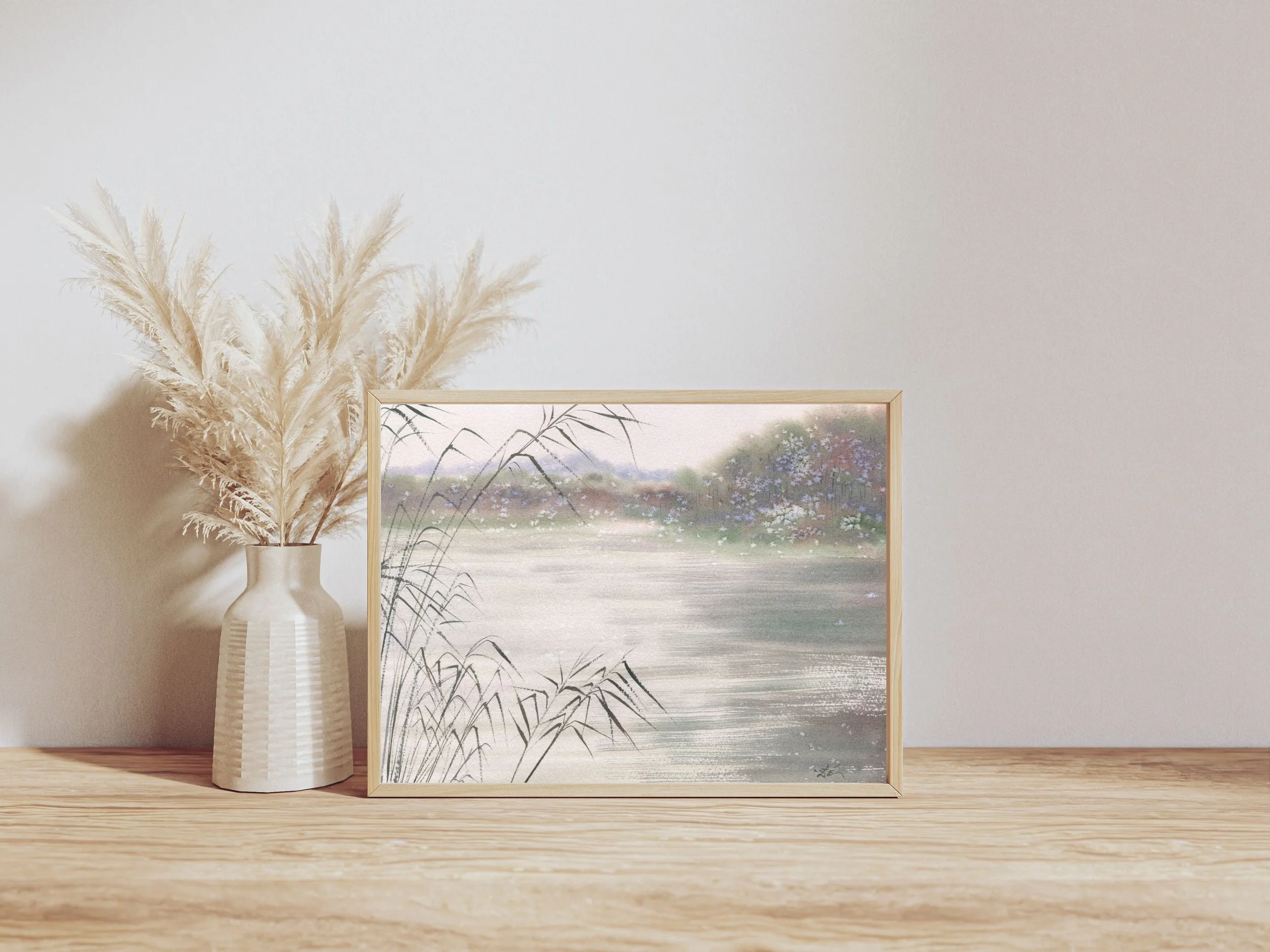 Dreamy Lake Landscape Art Print Soft Reeds and Calm Water Serene Nature Scene Poster 6.jpg