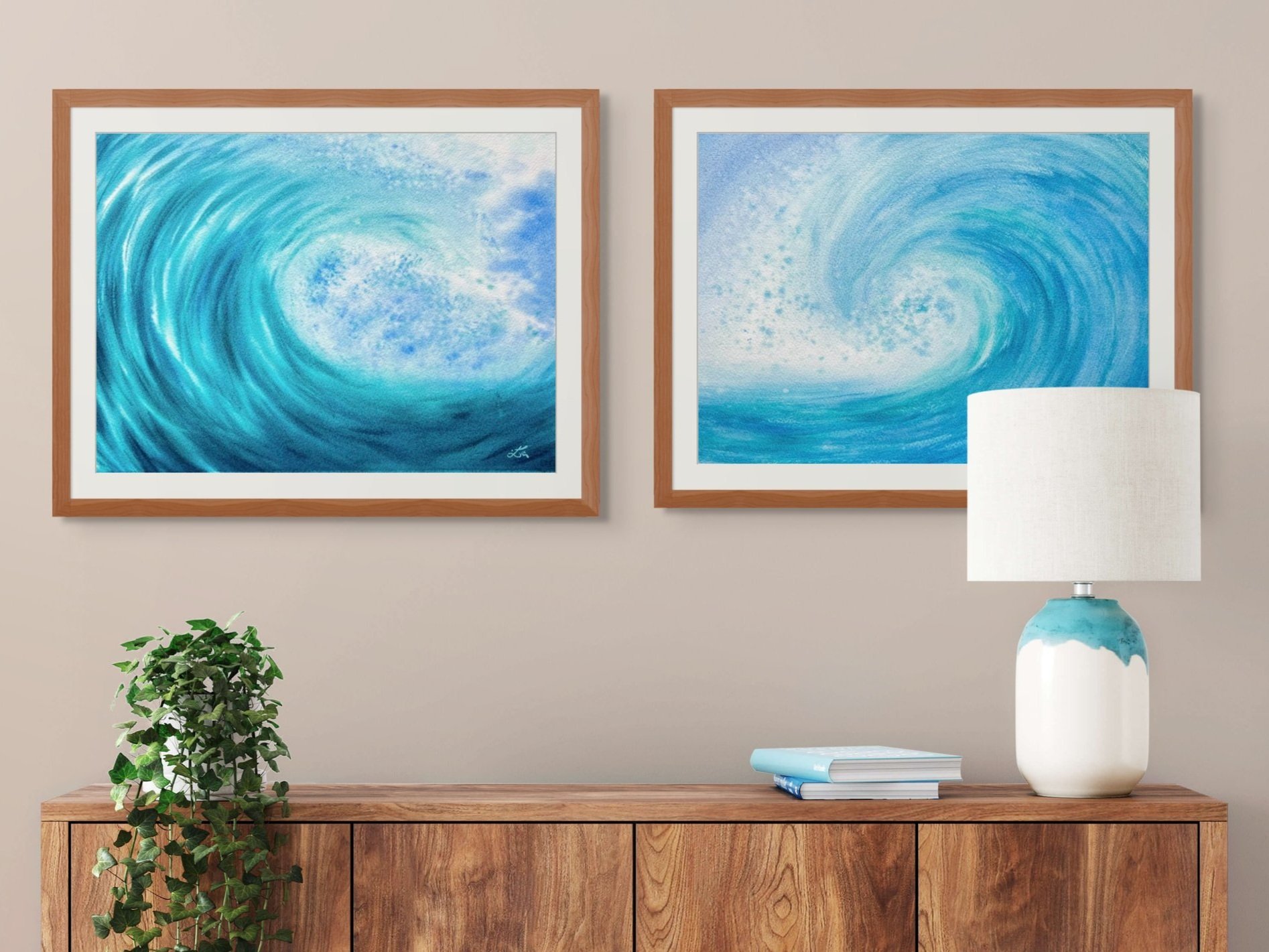 Marine Melody - Original Watercolor Painting framed ina wooden frame in a Living room setting