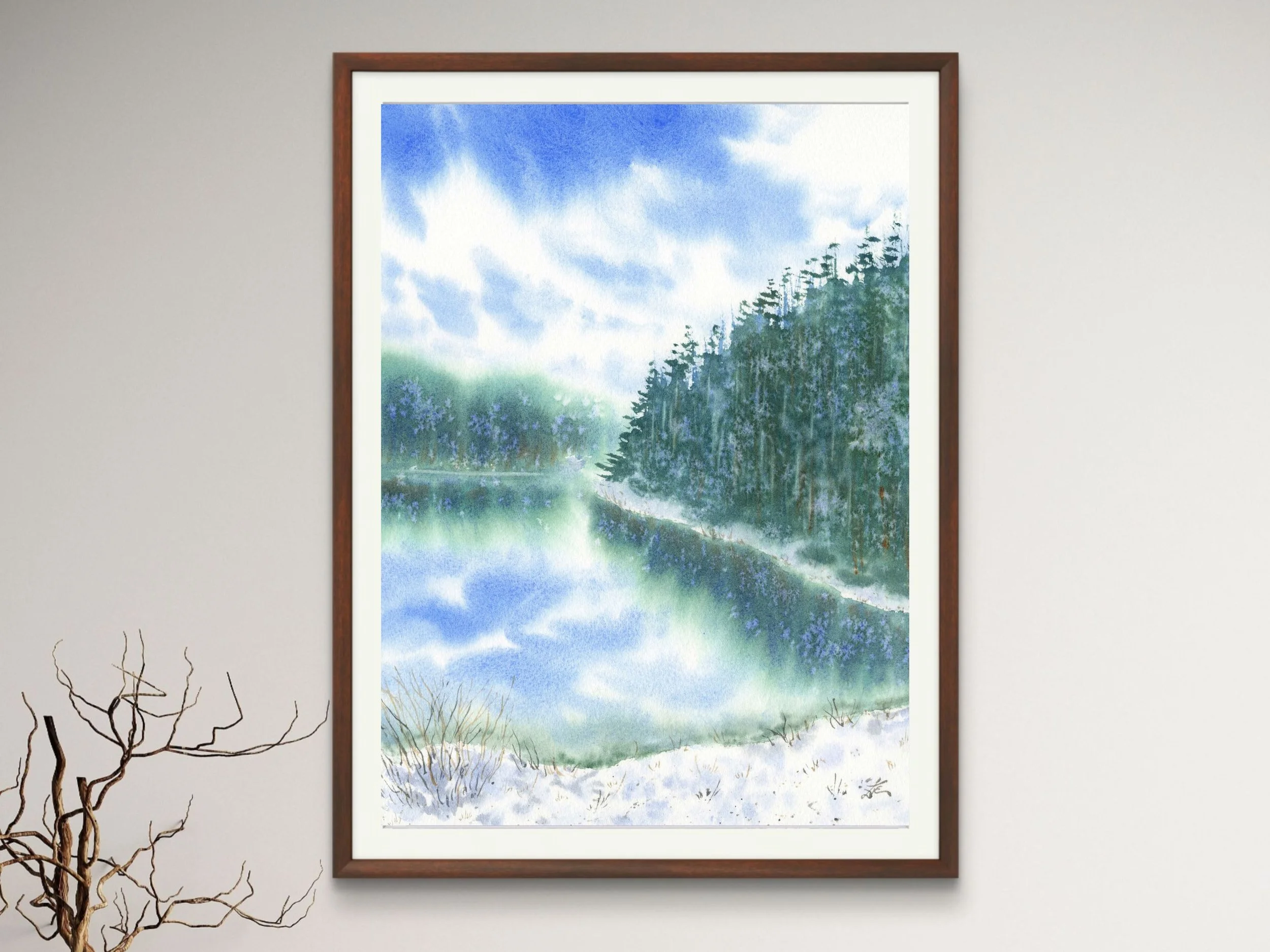 Pine Trees Fine Art Print Winter Landscape Painting Snowy Pine Forest Art Serene Lake Scene 13.jpg