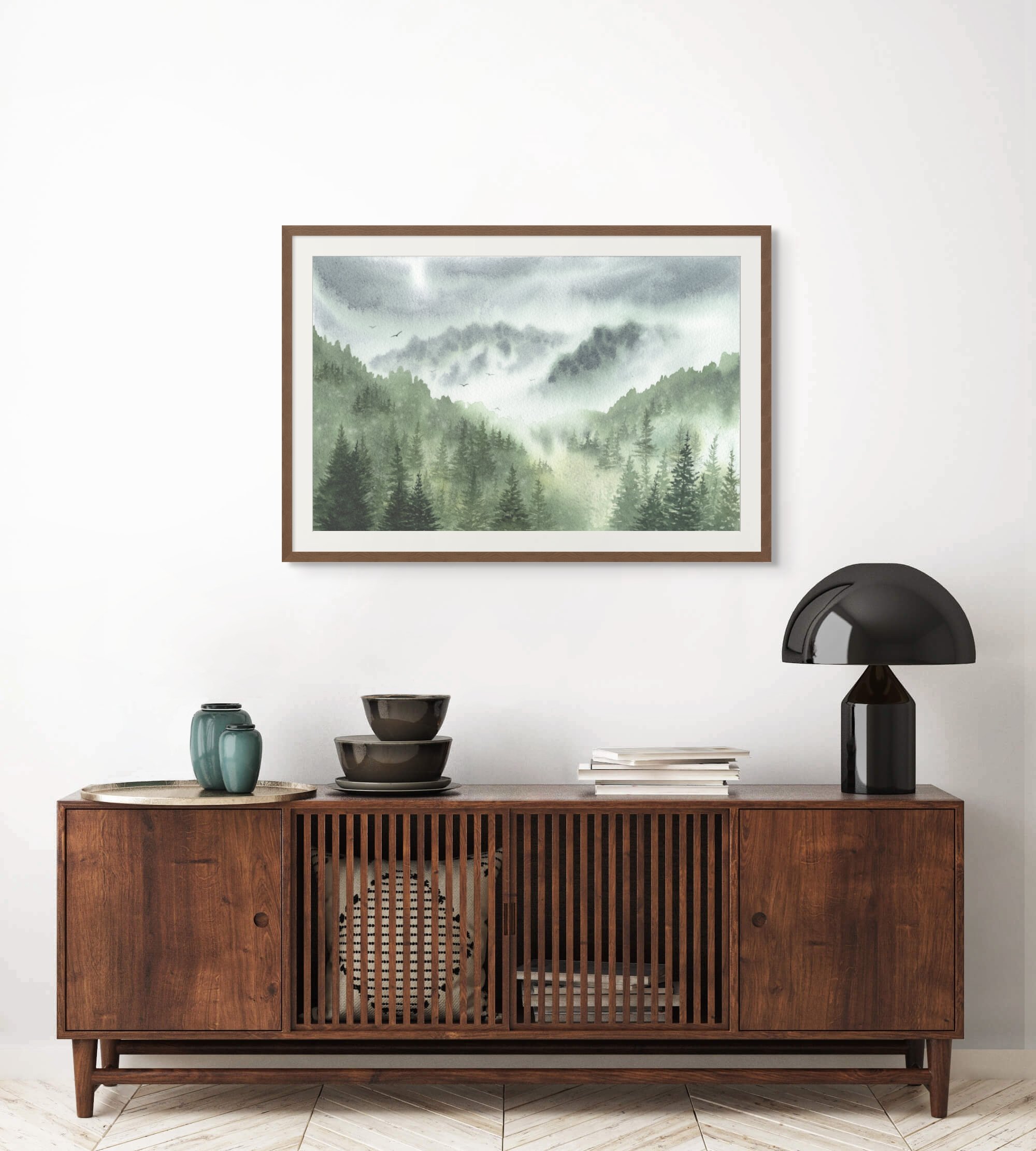 Misty Forest with Pine Trees Giclee Fine Art Print Printed on Luxurious Gallery-Quality Matte Paper in a Room Setting