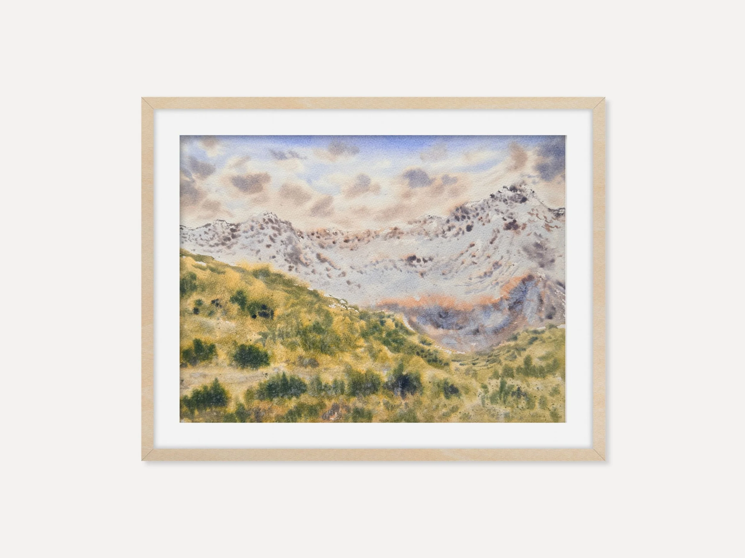 Mountain Valley Landscape Original Watercolor Painting, lush green Nature Art, Alpine Hills Wall Decor 1.jpg