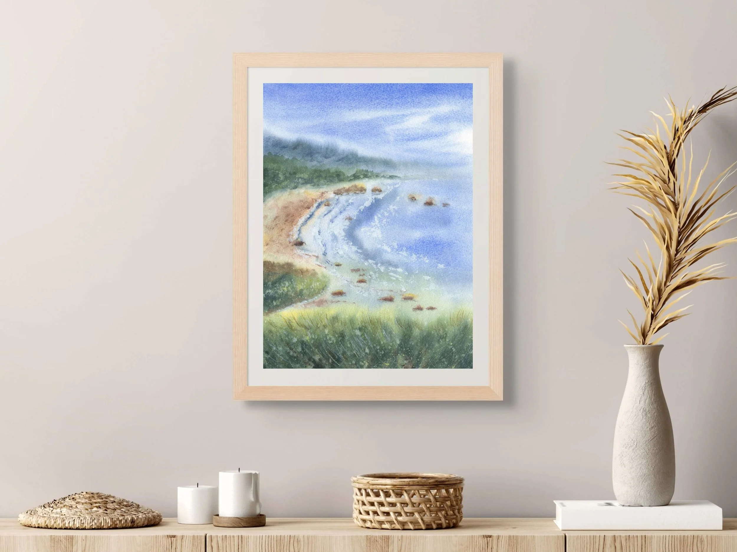 Coastal Bay Watercolor Landscape Art Print, Misty Shoreline and Cliffs 12.jpg