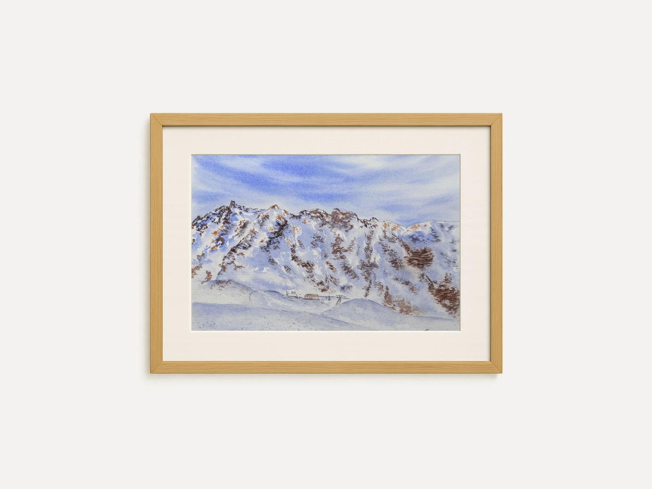 Snowy Mountain Landscape Original Watercolor Painting with Cabin, Winter Alpine Wall Art, Minimalist Nature Decor 2.jpg