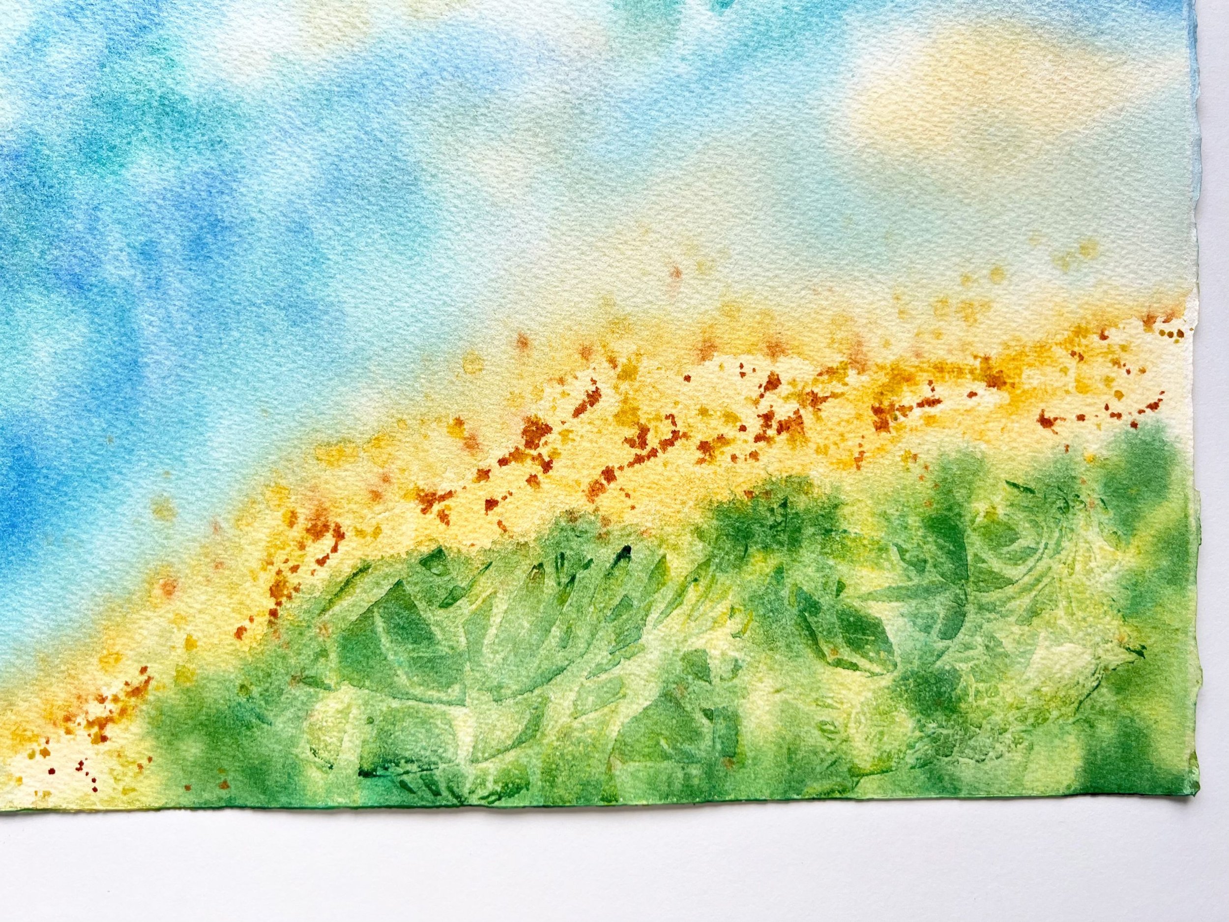 Closeup of the original watercolor painting "Abstract Seascape" showcasing soft hues, flowing brushstrokes, and textured details for a serene coastal feel.
