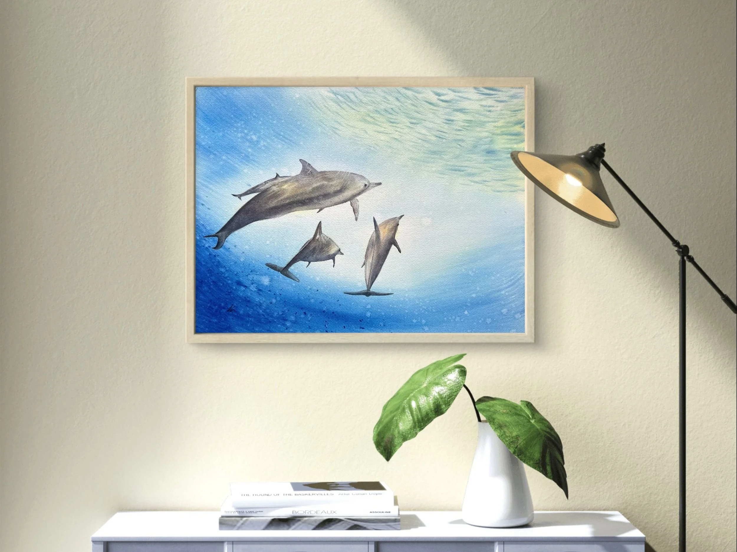 Wildlife Animals in Watercolor: Dolphins Swimming Up Towards the Light