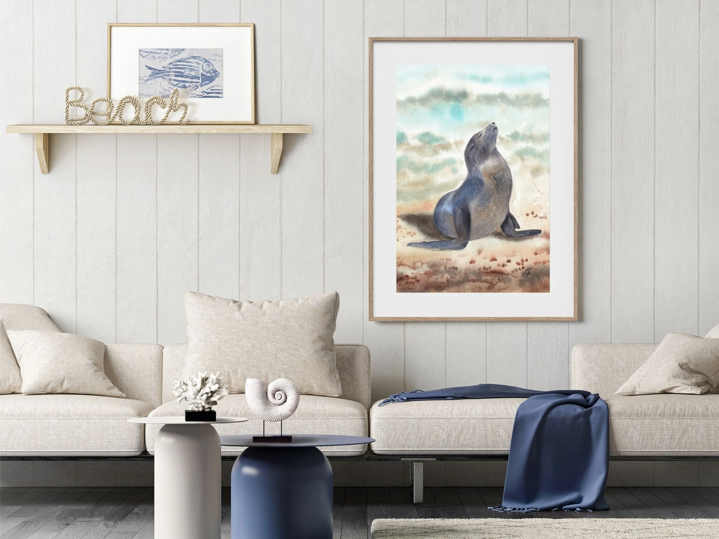 Sunbathing Seal Fine Art Print Coastal Wildlife Watercolor Wall Art Archival Art Poster 4.jpg