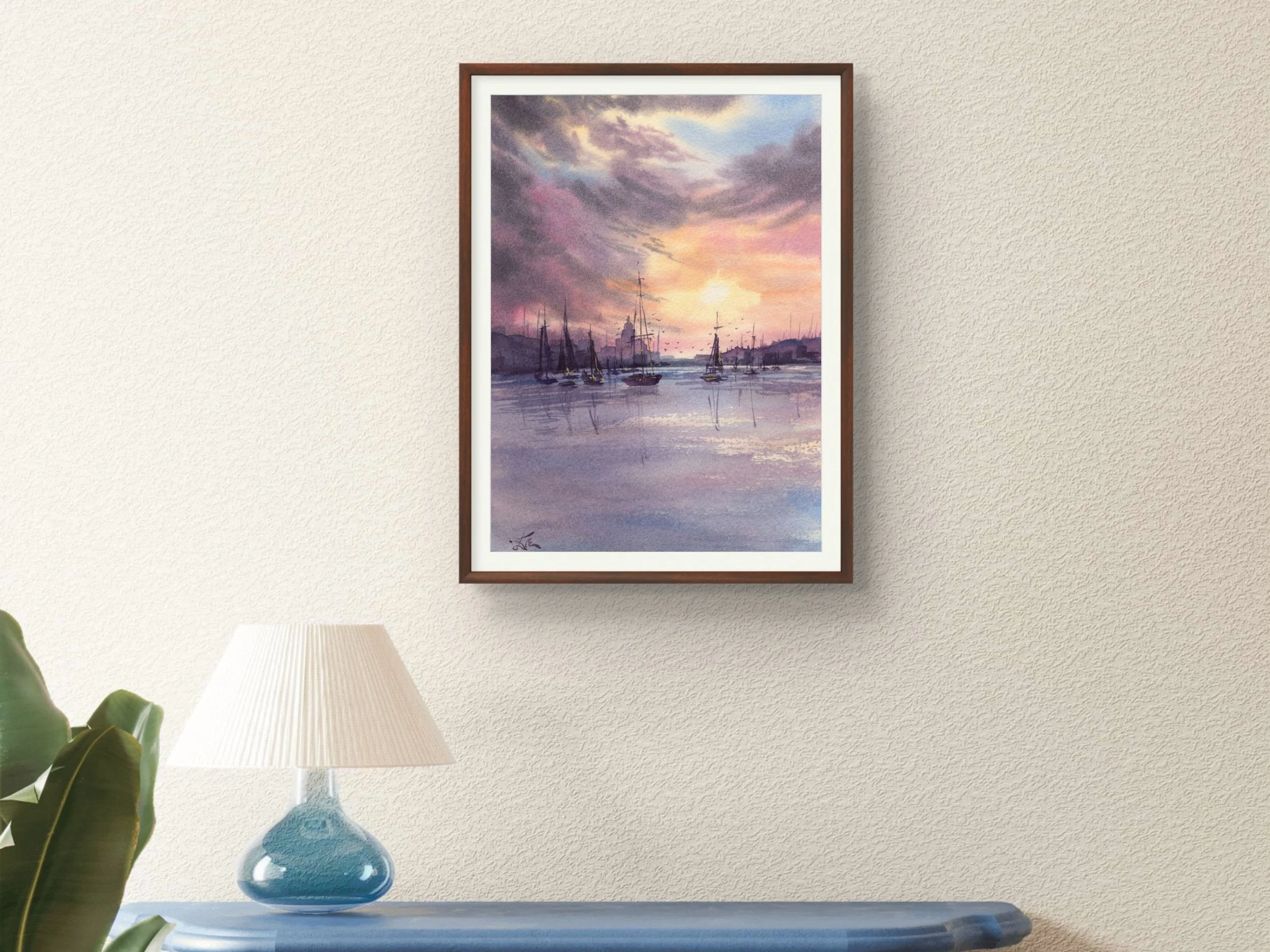 Sunset Harbor Archival Art Print, Watercolor Sailboat Painting Print, Coastal Marina Wall Art 9.jpg