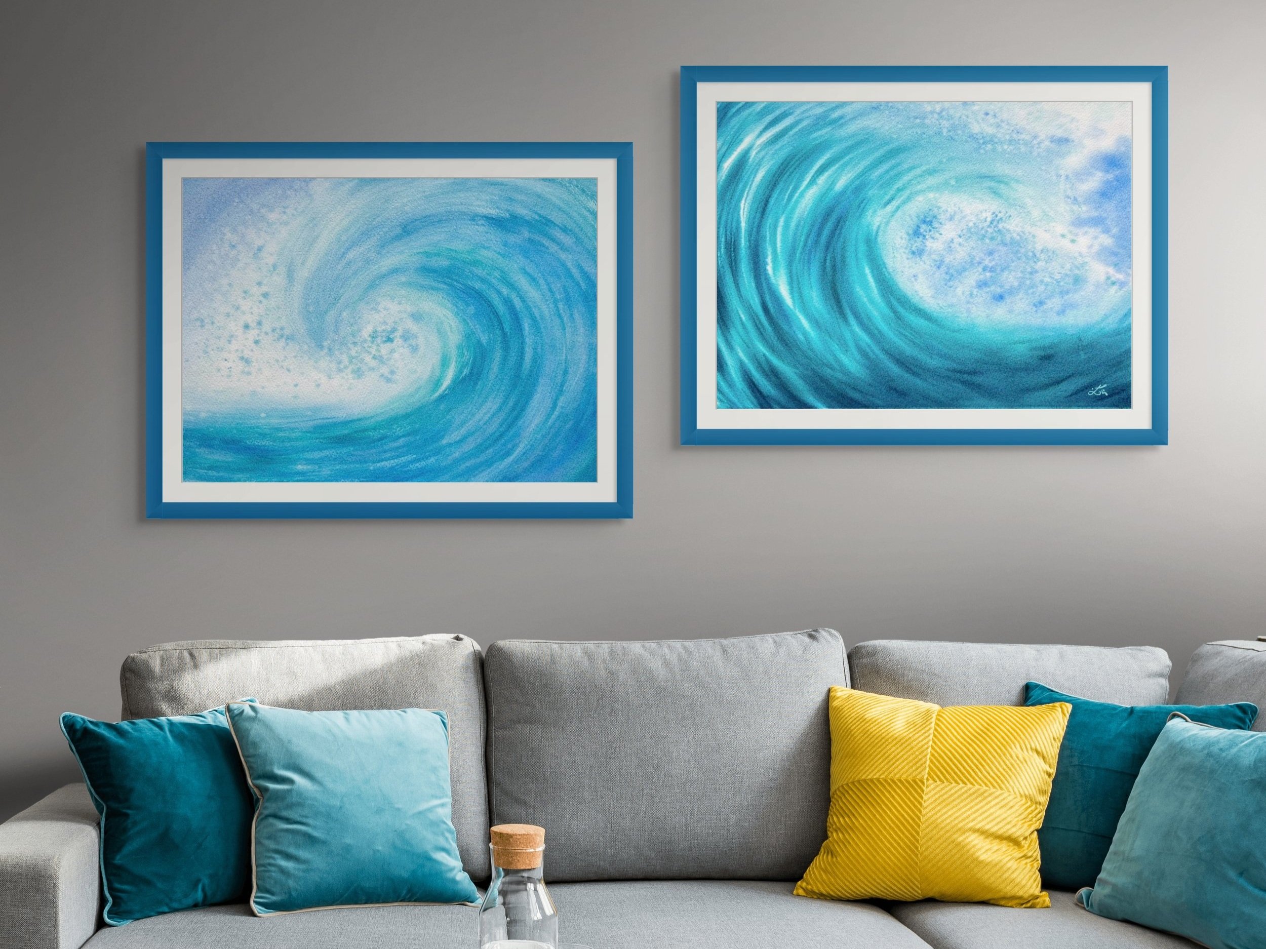 A room set up of "Time for Surfing" original watercolor painting that captures the thrill and energy of the sea. A dynamic painting of a powerful wave, perfect for ocean lovers.