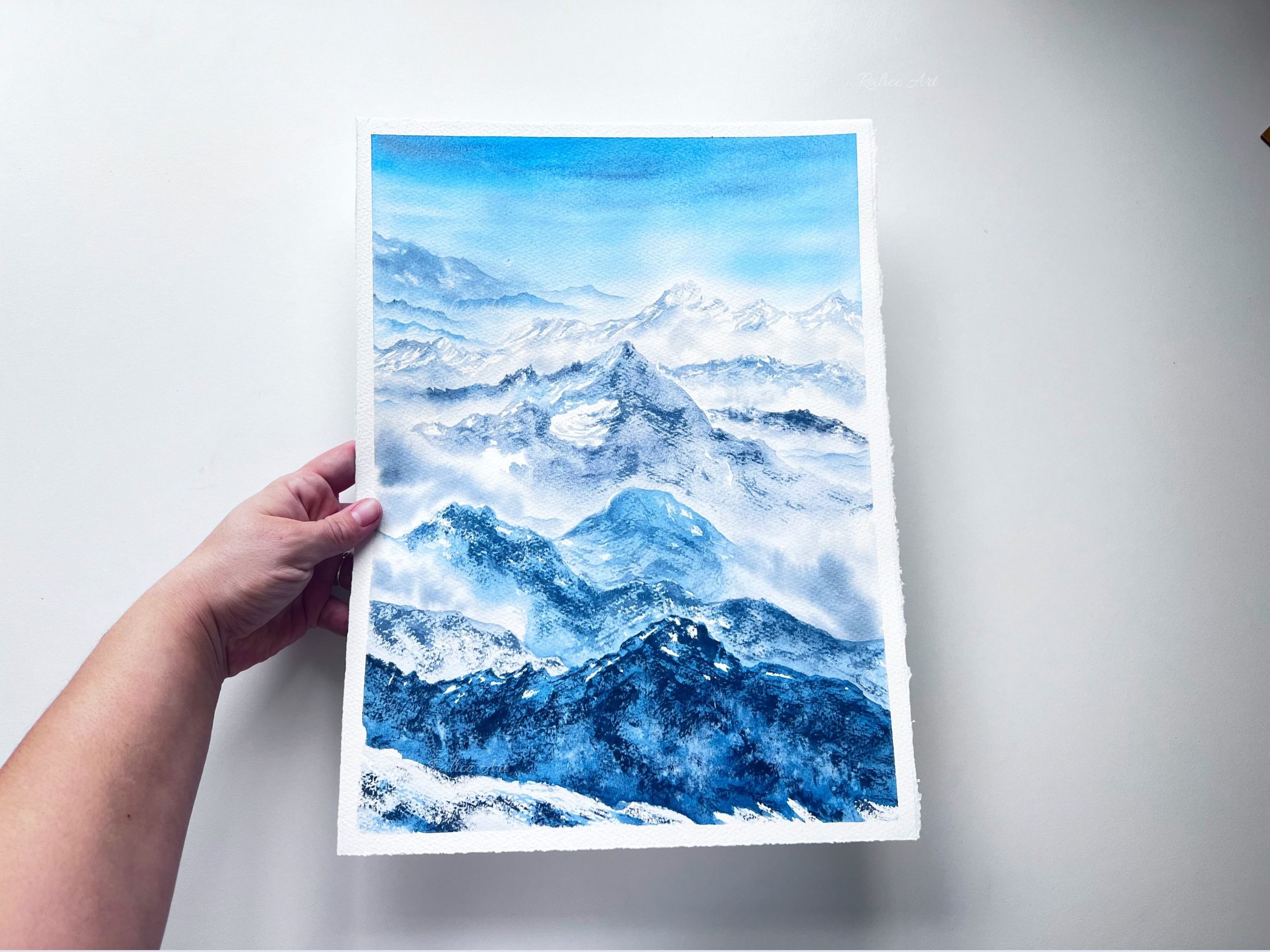 "Rolling Hills" Original Watercolor Painting of Layered Snow Capped Mountains Landscape Painting in my hand