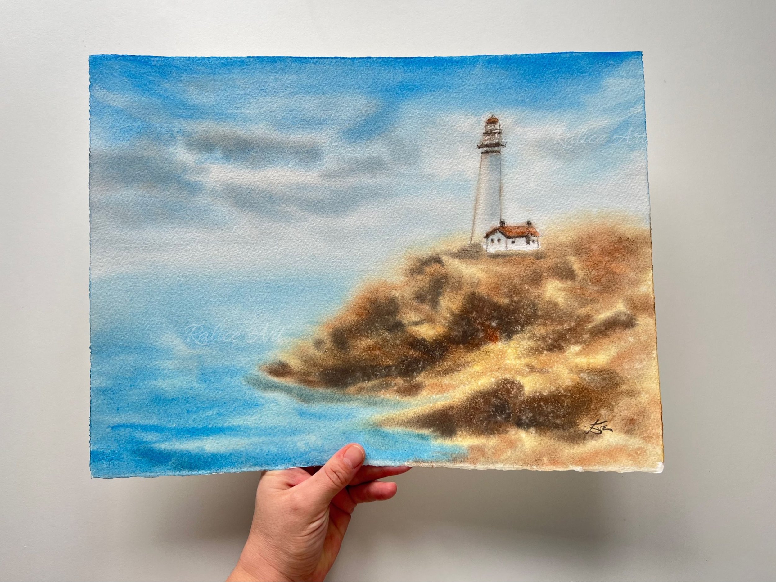 Lighthouse Original Watercolor Painting, Landscape Wall Art, Farm House Wall Art, Impressionistic Art Decor, Housewarming Gift, Rocky Cliff