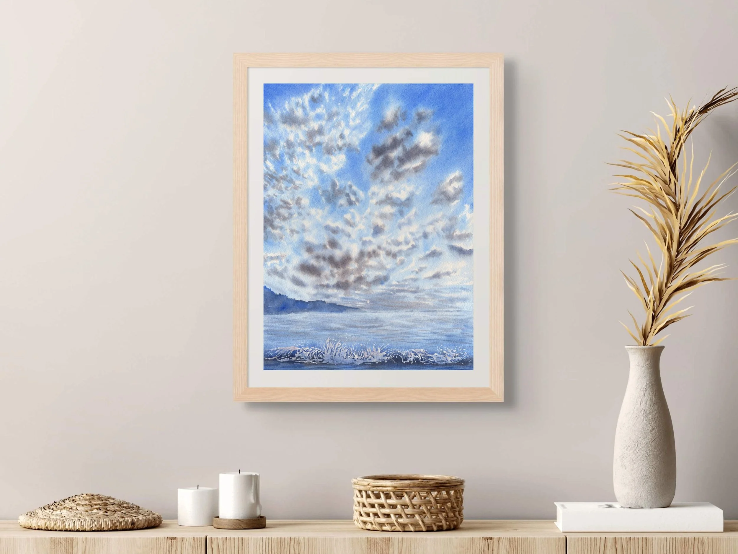 Clouds Fine Art Print, Fluffy Cirrocumulus Sky Watercolor Print, Blue Sky Wall Art, Minimalist Nature Decor 8.jpg