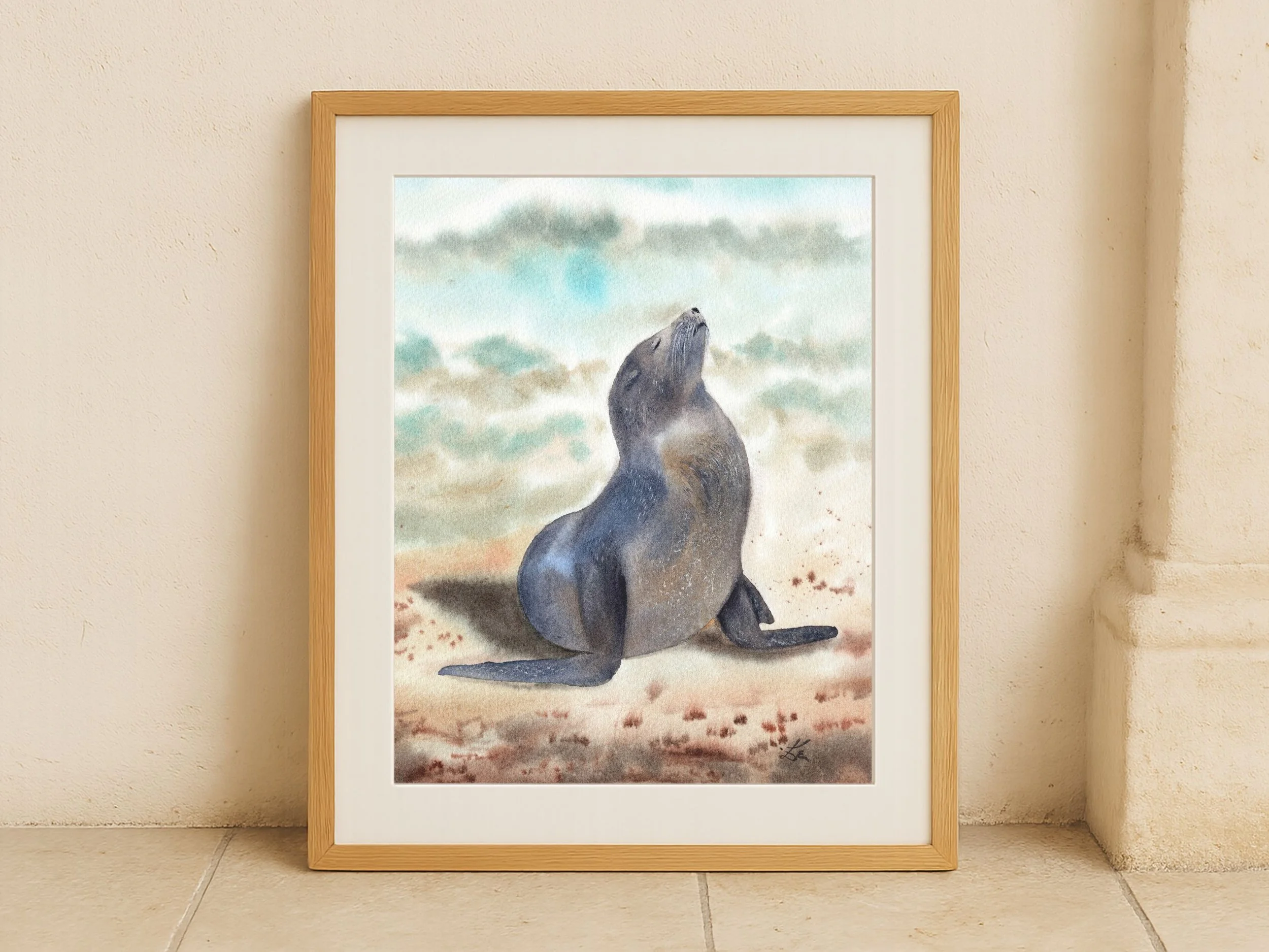 Sunbathing Seal Fine Art Print Coastal Wildlife Watercolor Wall Art Archival Art Poster 8.jpg
