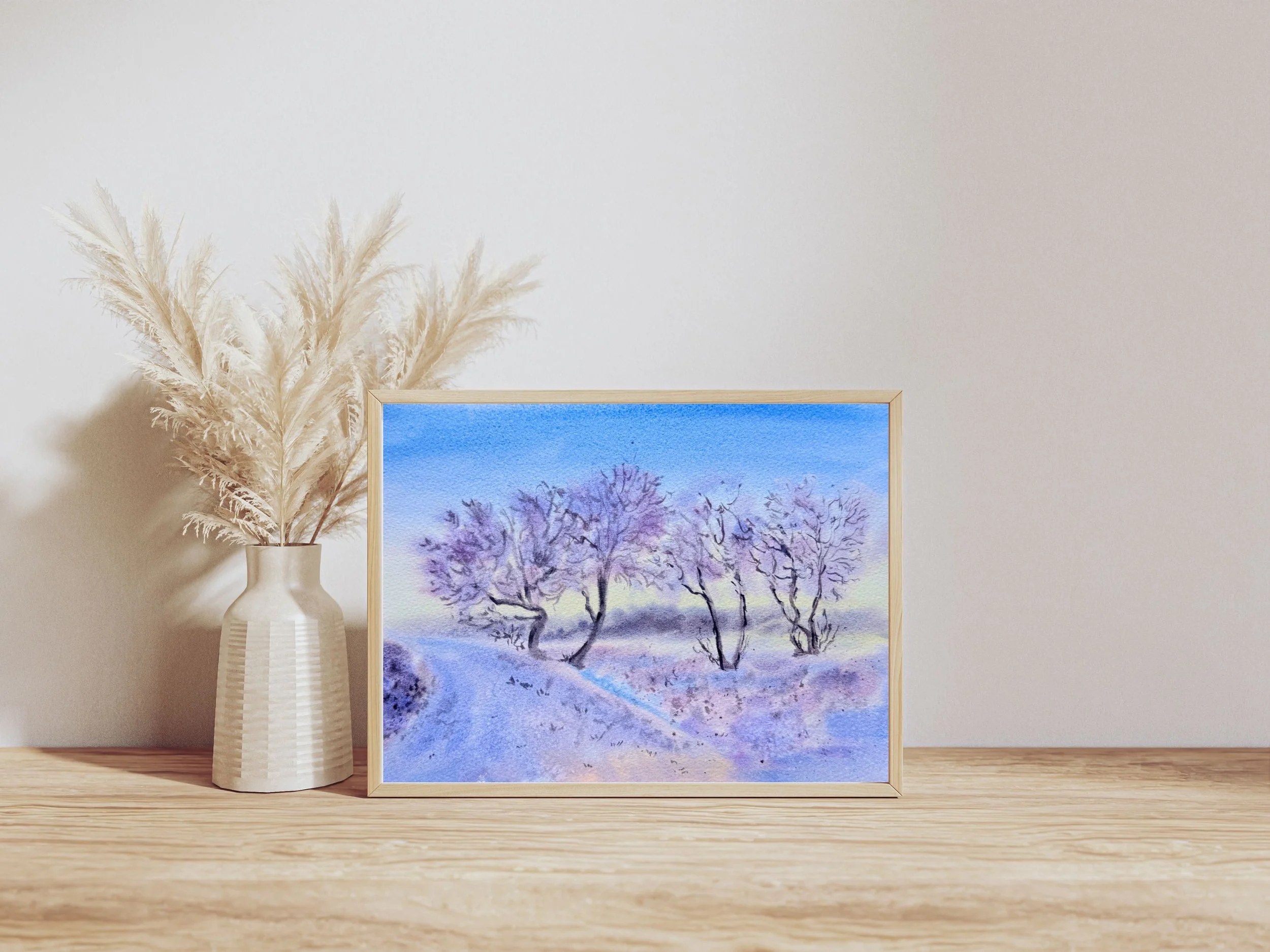 Original Watercolor Winter Trees Painting Soft Purple Snow Landscape Serene Lavender Forest Scene Hand Painted Calm Nature Wall Art3.jpg