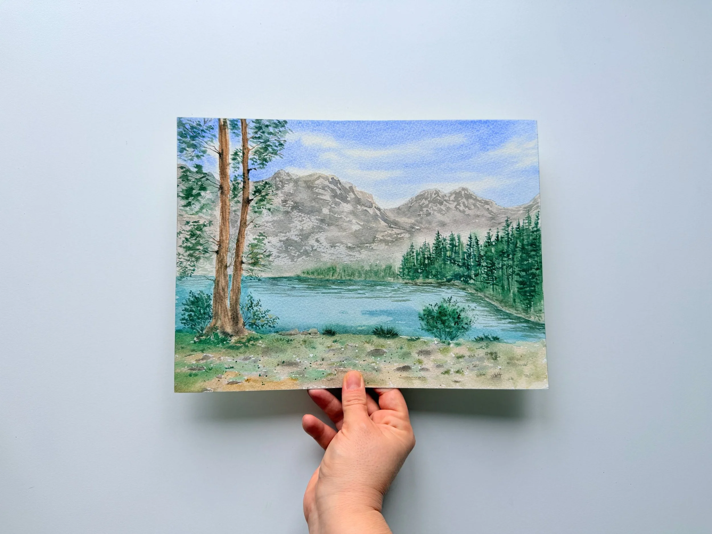 Original Watercolor Mountain Lake Painting, Pine Trees and Alpine Peaks, Serene Nature Landscape, Hand Painted Calm Wall Art