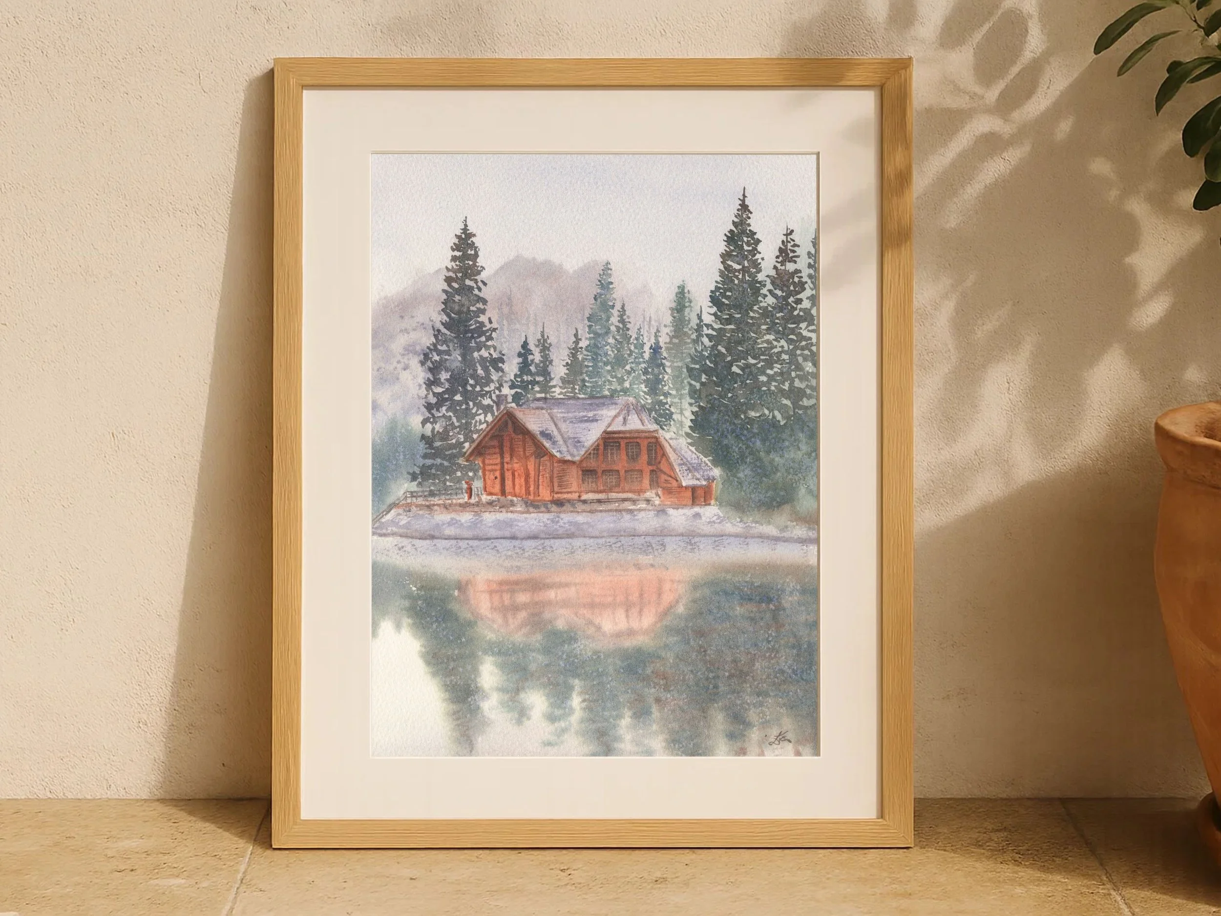 Cabin Lake Art Print-Cozy Wooden House in Pine Forest with Soft Reflections Moody Winter Nature Landscape Wall Art 6.jpg