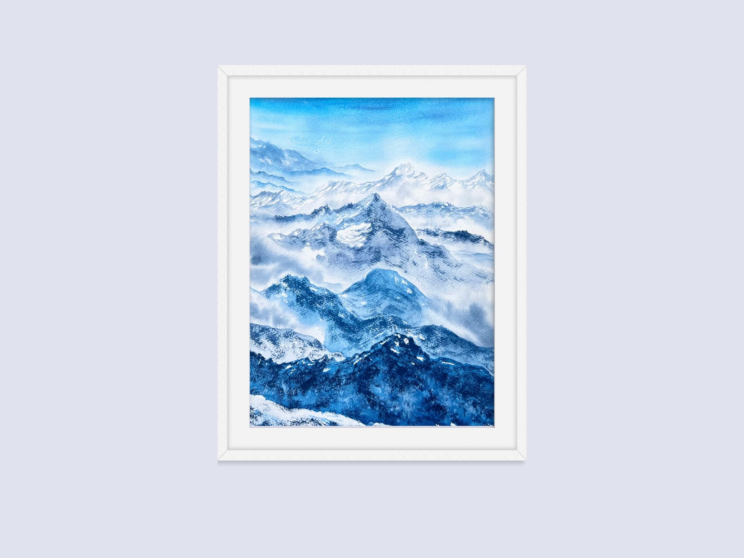 "Rolling Hills" Original Watercolor Painting of Layered Snow Capped Mountains Landscape Painting