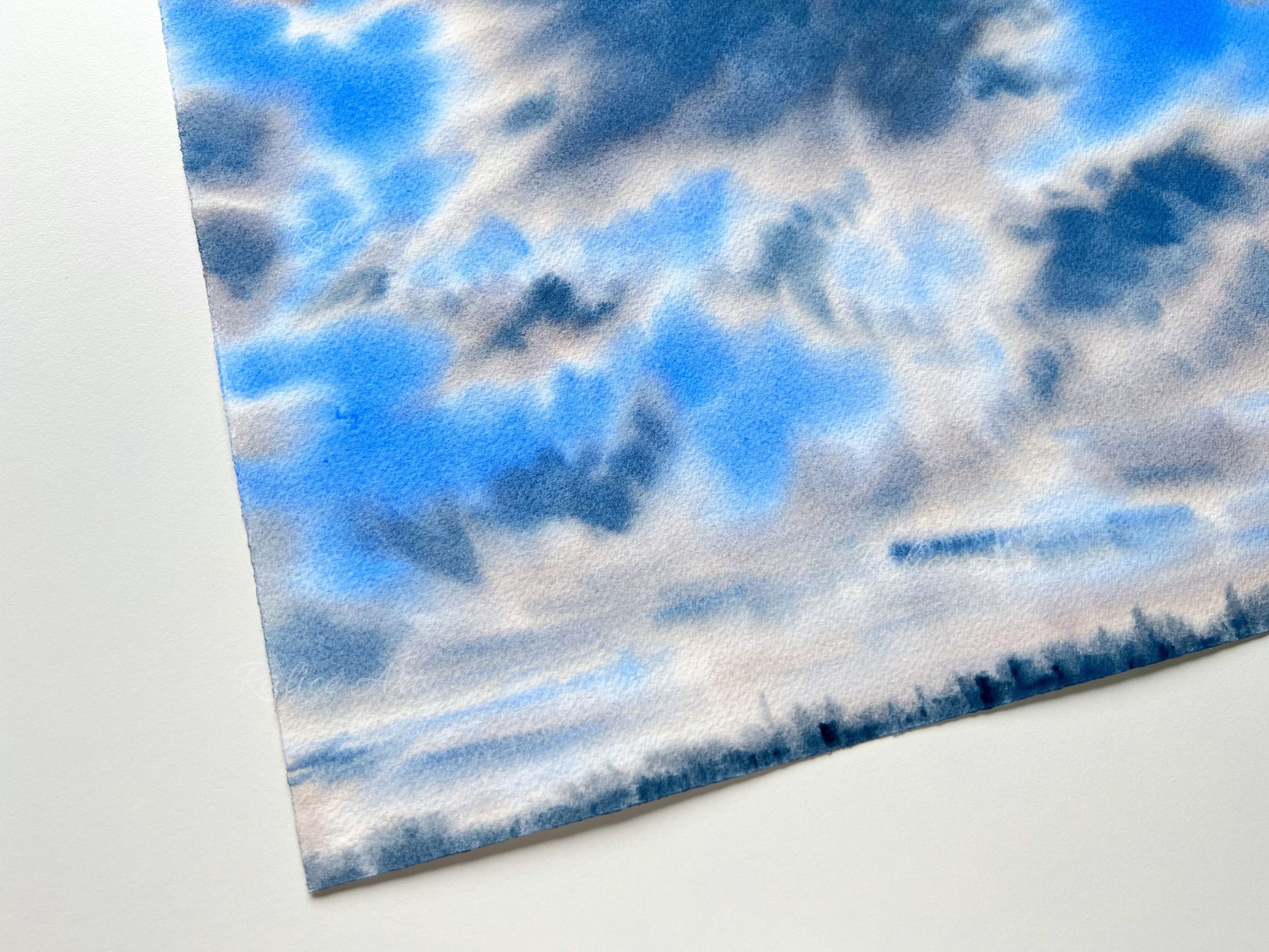 Warm Clouds Watercolour Painting of warm sky on Paper by Ralitsa Arnaudova Ralice Art Closeup left bottom corner