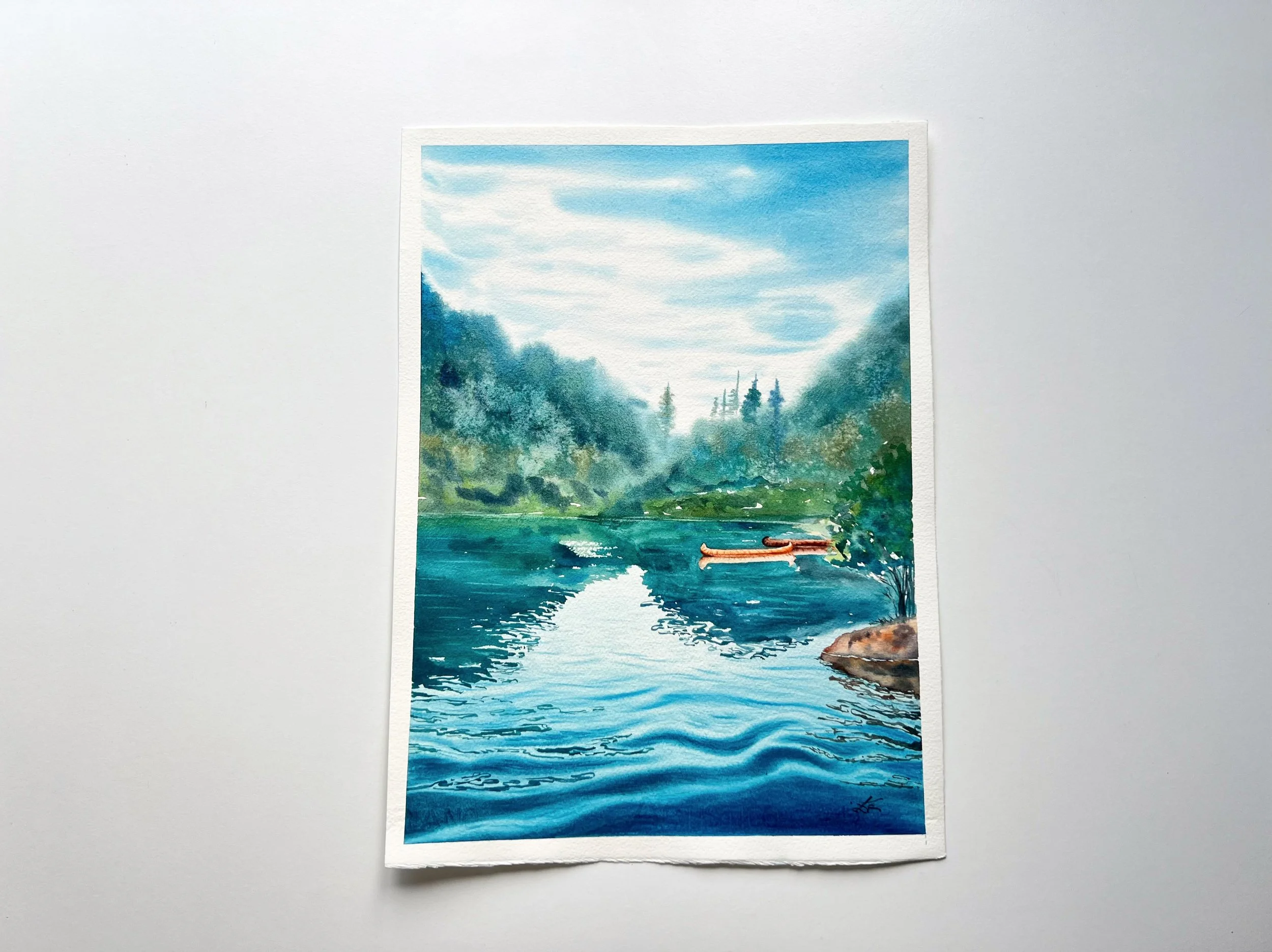 Close up of Original Watercolour Painting on Paper inspired by the stunning Lago di Braies in the Italian Dolomites