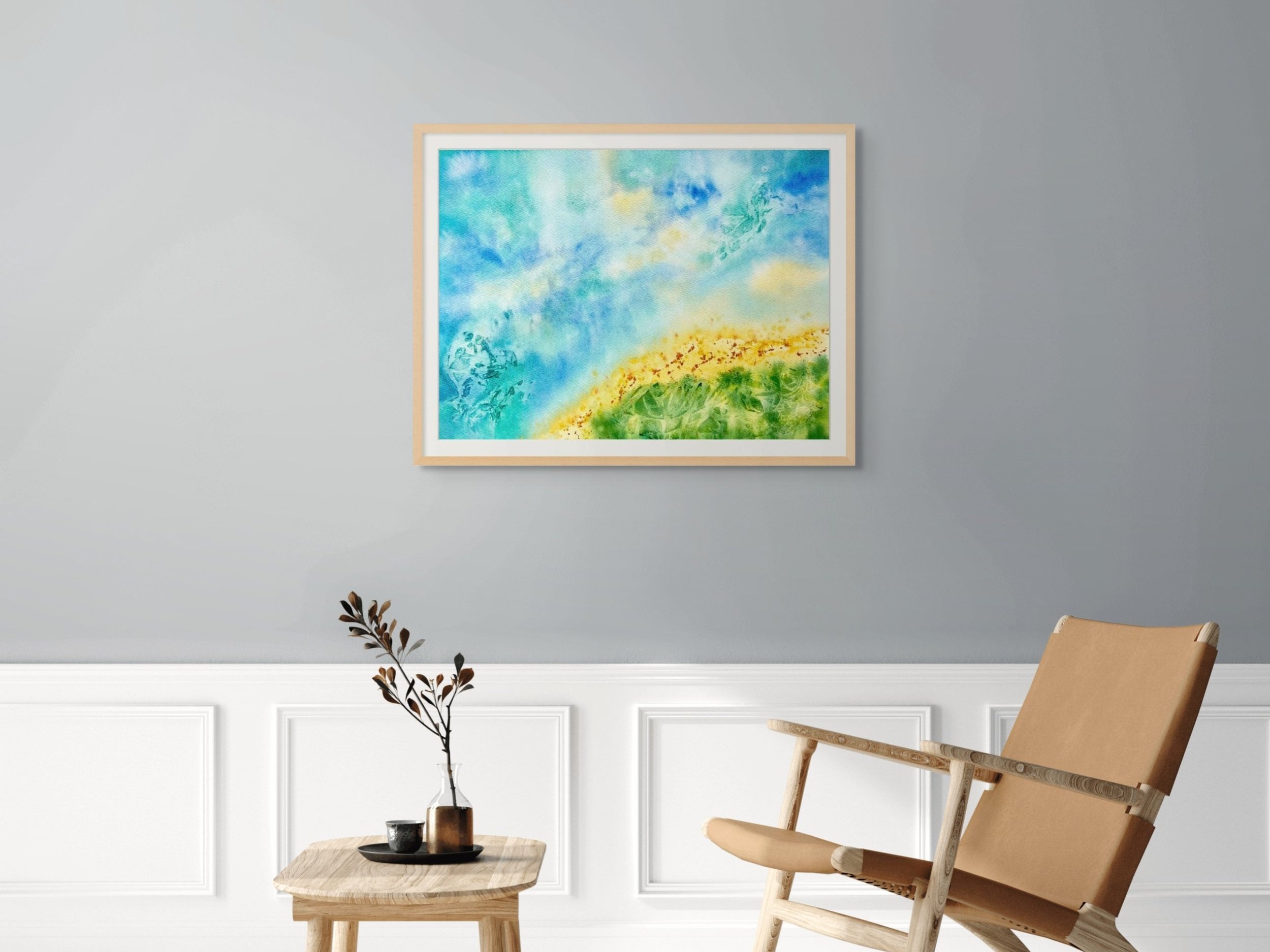 Original watercolor painting "Abstract Seascape" framed and staged in a living room or hallway, adding a calming and modern coastal touch to your space.