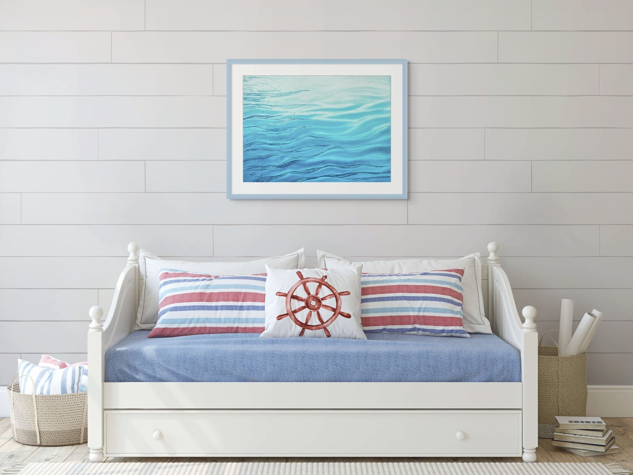 Original watercolor painting "Still Waters" framed and staged in a living room or hallway, adding a calming, serene touch with its gentle wave patterns.