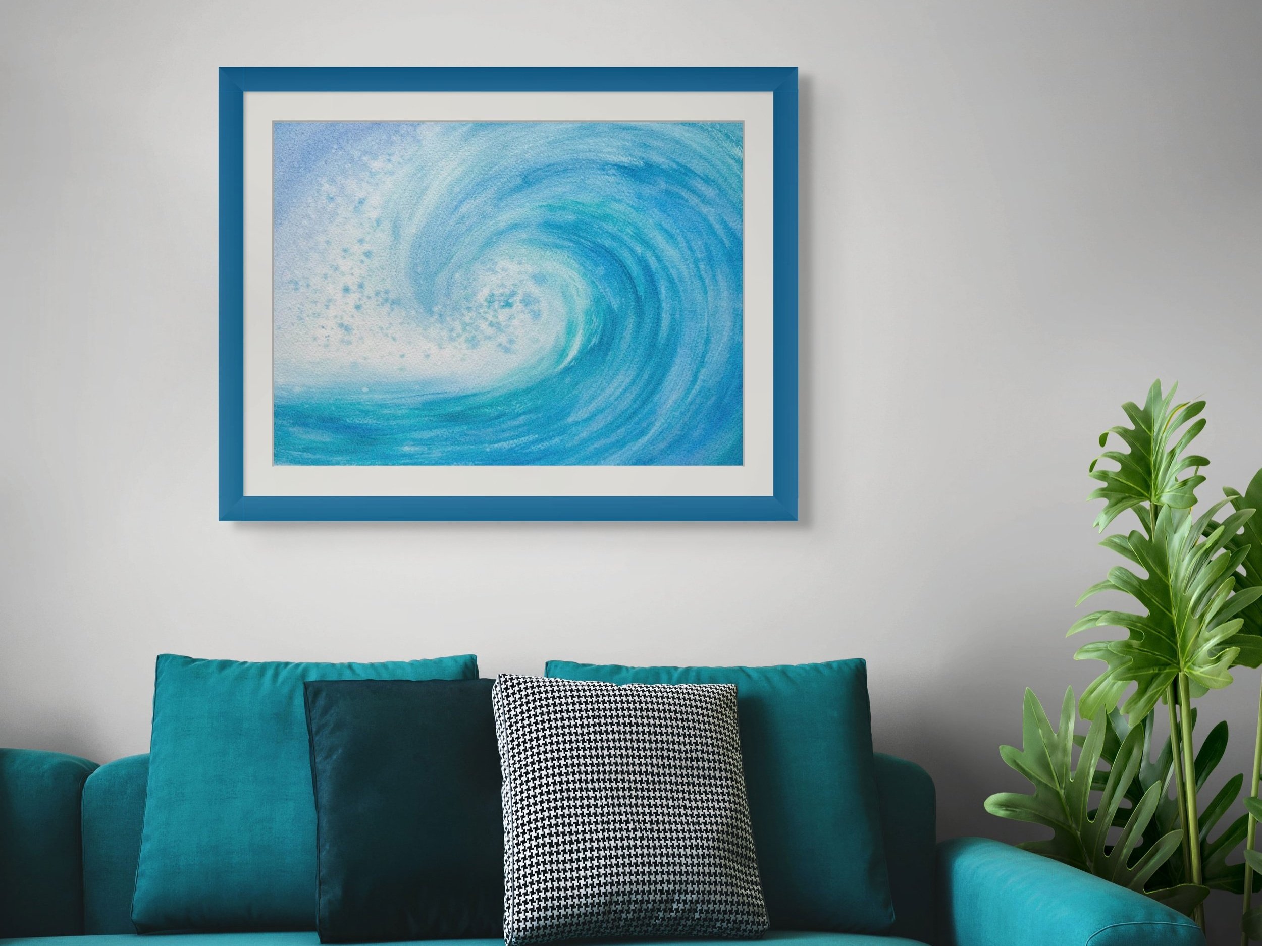 A room set up of "Time for Surfing" original watercolor painting that captures the thrill and energy of the sea. A dynamic painting of a powerful wave, perfect for ocean lovers.