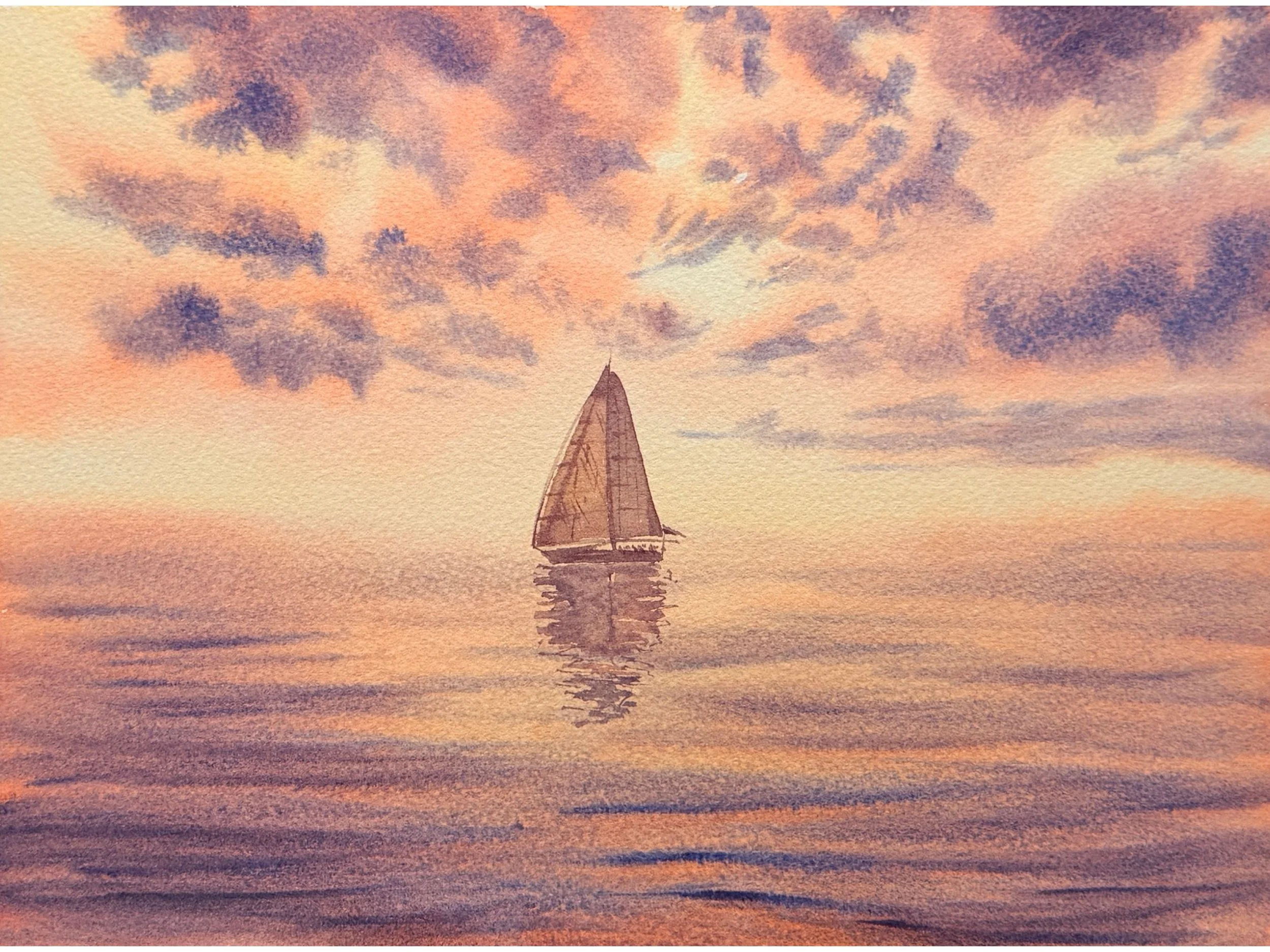 Original Watercolor Sailboat Seascape at Sunset in Purple and Gold, Calm Ocean Sunset Wall Art 1.jpg