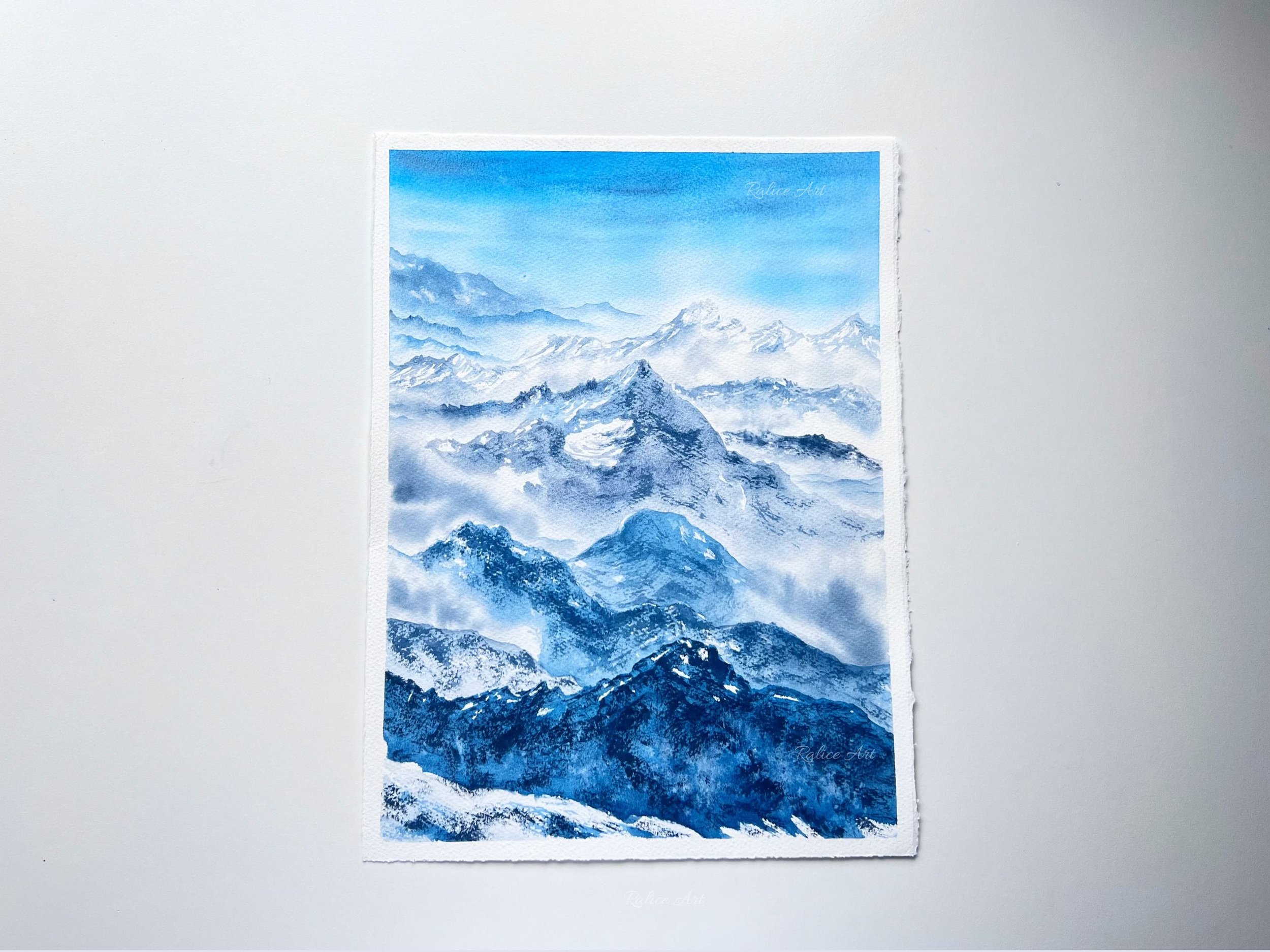 "Rolling Hills" Original Watercolor Painting of Layered Snow Capped Mountains Landscape Painting closeup