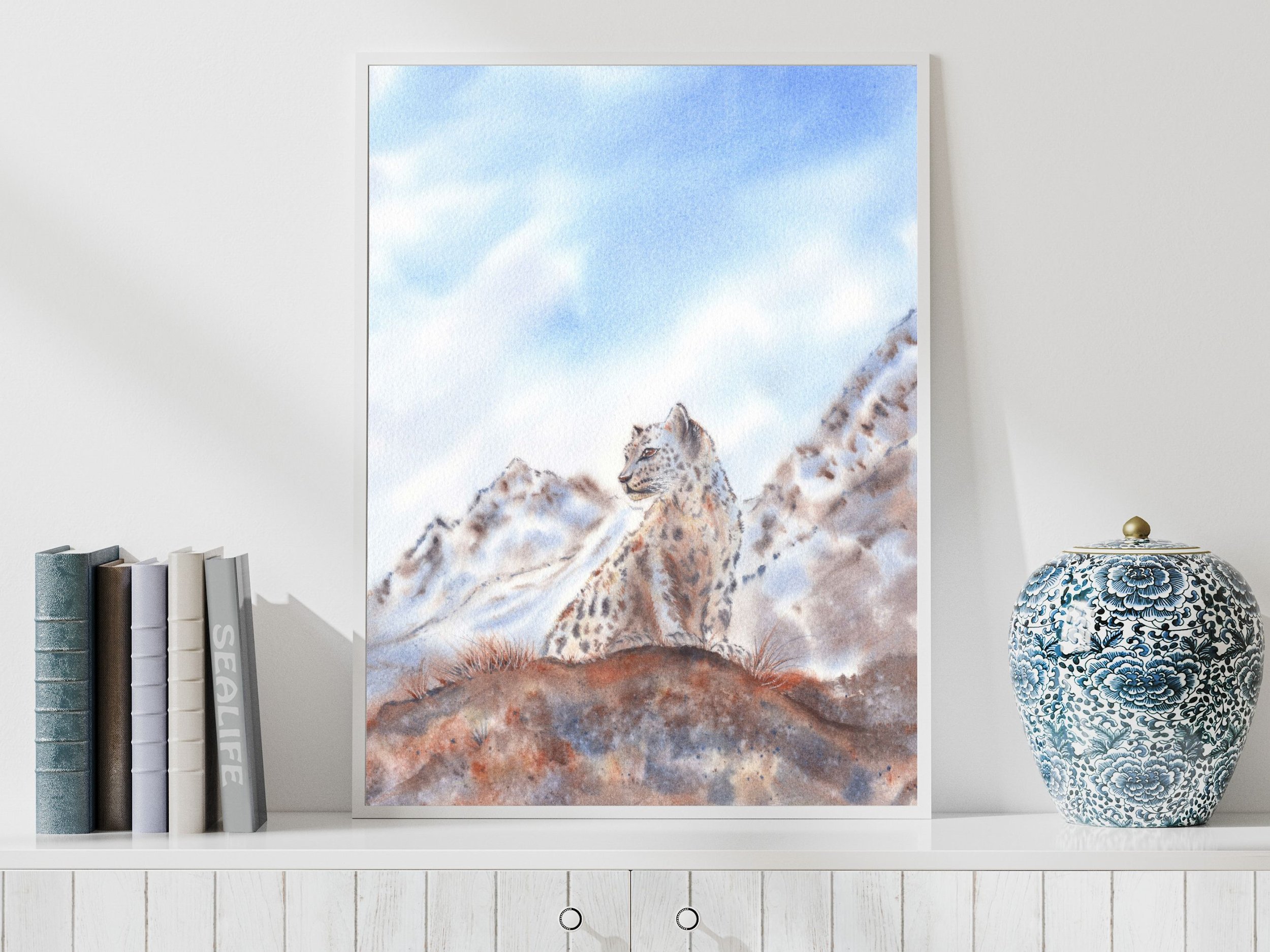 Snow Leopard Poster Wildlife Watercolor Wall Art Mountain Decor Archival Art Print Nature Animal Artwork 2.jpg