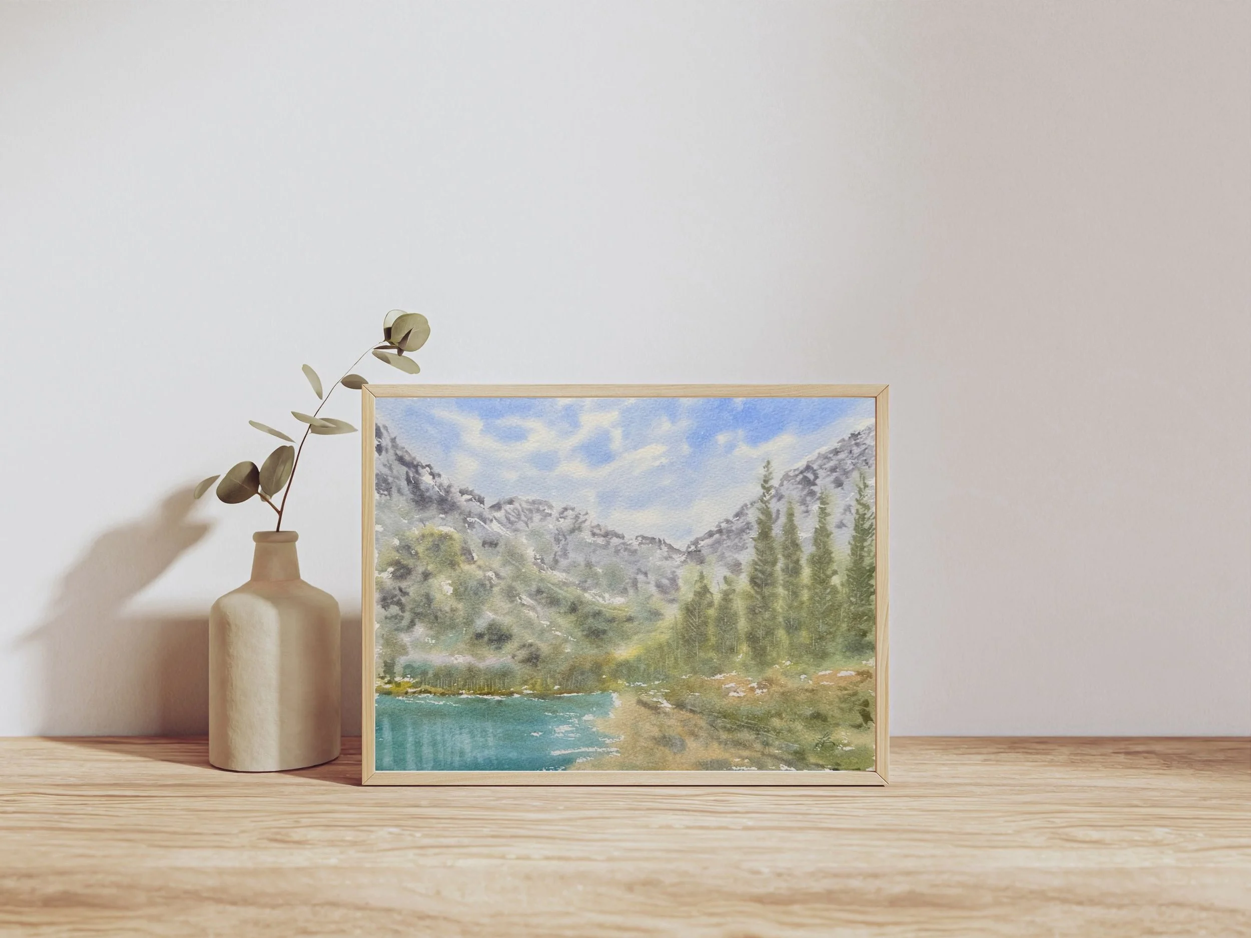 Mountain Lake Original Watercolor Painting with Pine Trees, Serene Alpine Landscape Wall Art, Nature Inspired Home Decor 2.jpg