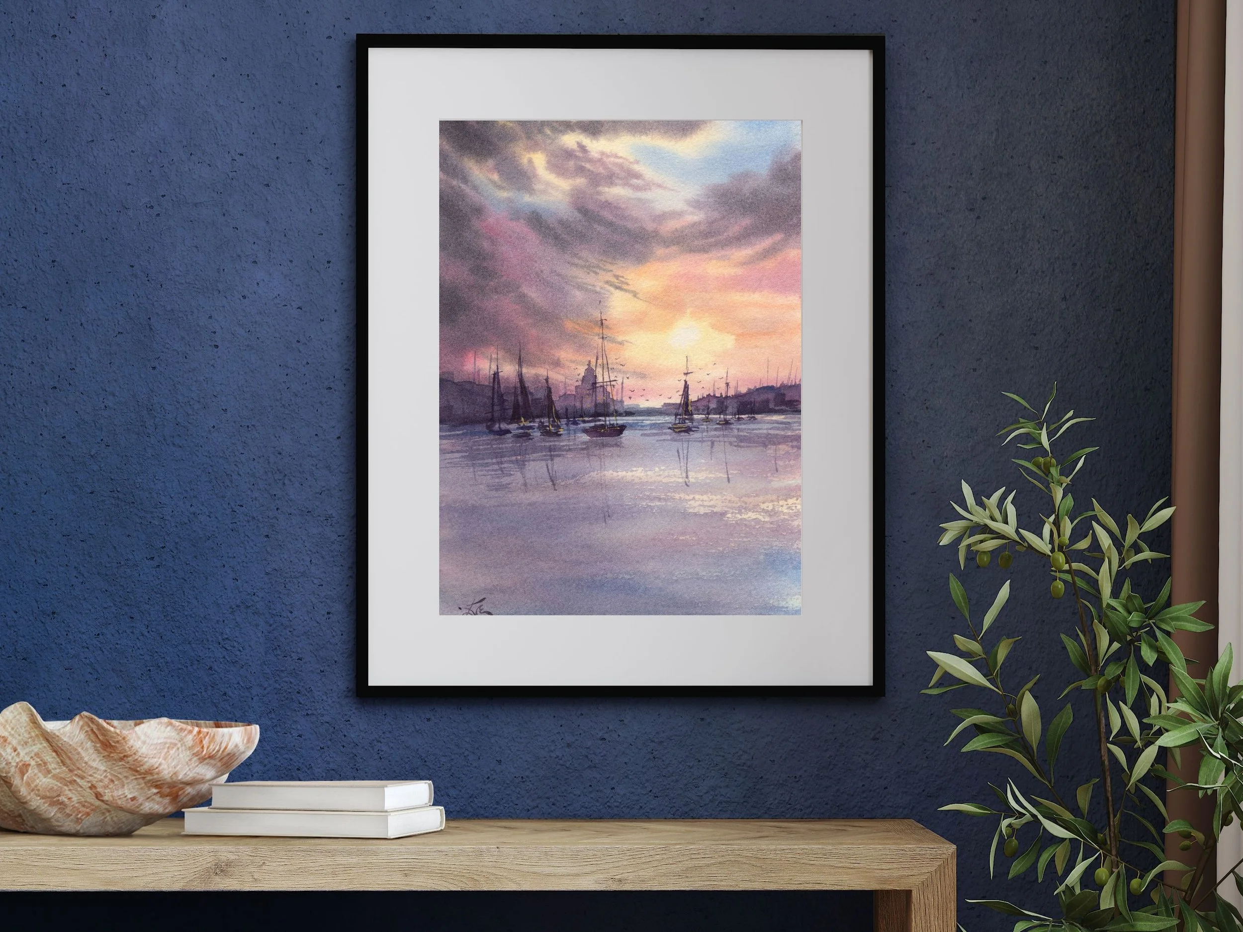 Sunset Harbor Archival Art Print, Watercolor Sailboat Painting Print, Coastal Marina Wall Art 3.jpg