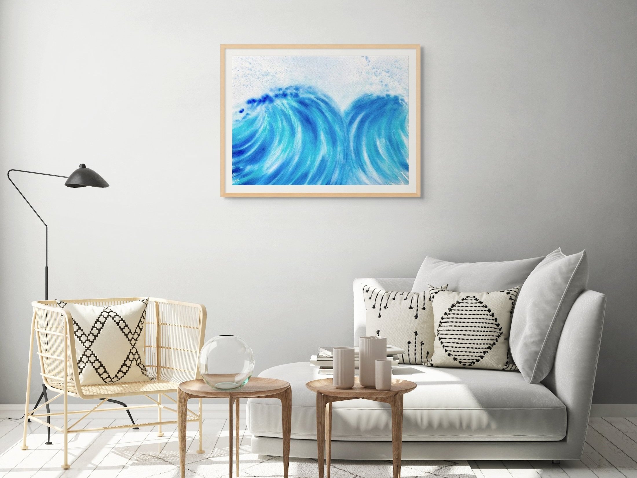 The vibrant watercolor painting "A Dance for Two" featuring dynamic crashing waves in a living room set up. Perfect for modern coastal decor.