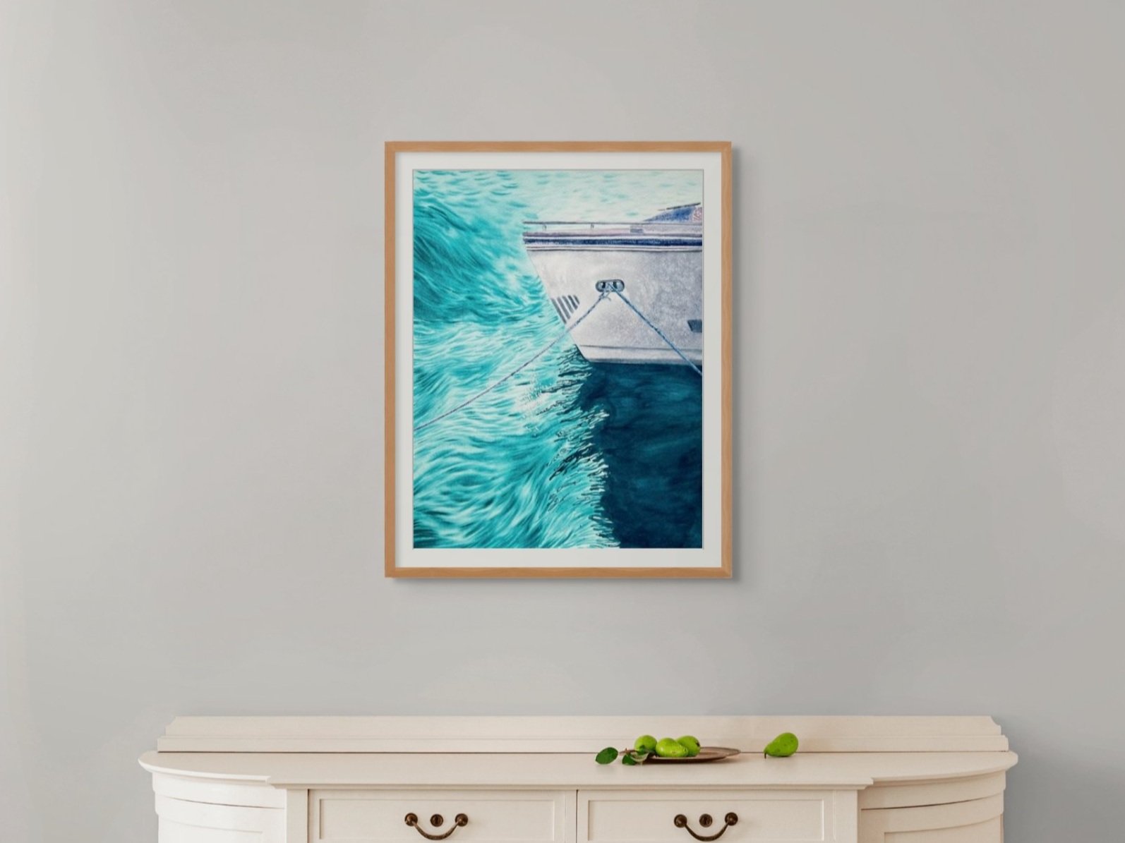 Original watercolor painting "Wind" framed and staged in a living room or hallway, adding nautical elegance and dynamic energy to the space.