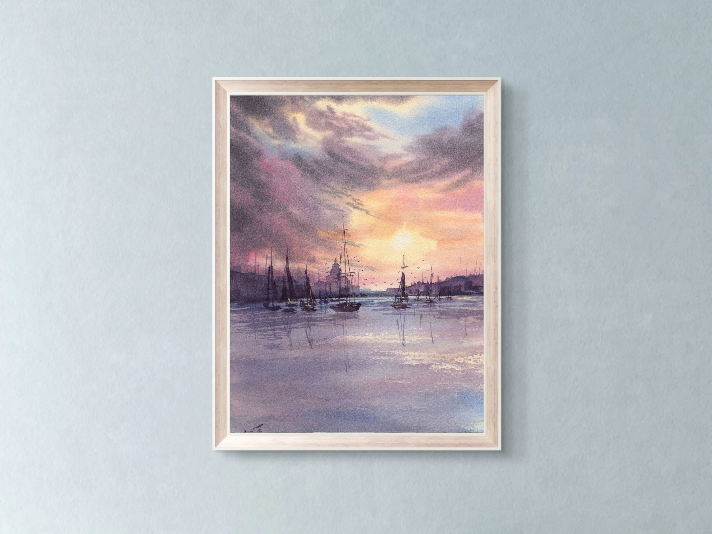 Sunset Harbor Archival Art Print, Watercolor Sailboat Painting Print, Coastal Marina Wall Art 11.jpg