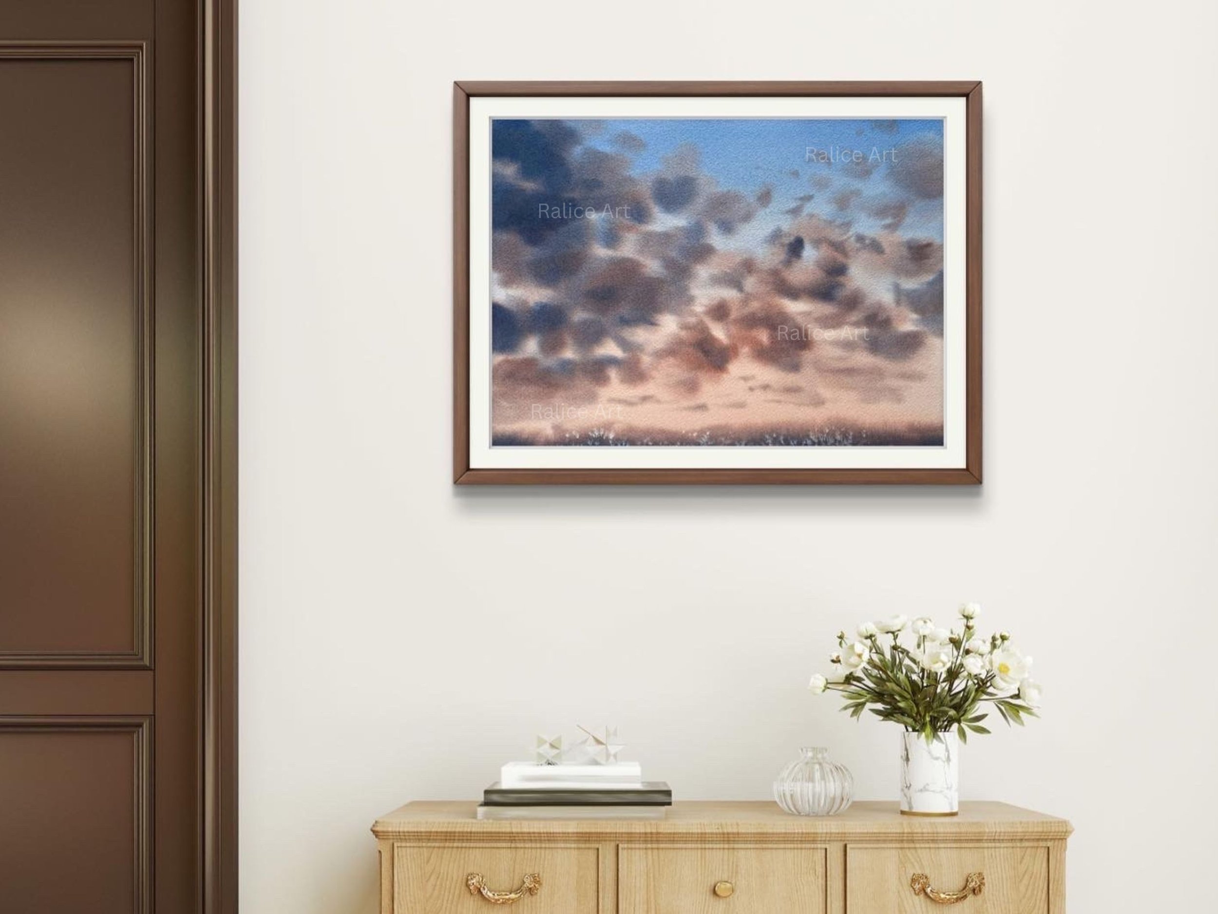 Move Forward Sunset Clouds Original Watercolor Painting, Cloudscape Wall Art Decor, Stormy Sky Clouds Duochrome Painting, Housewarming Gift by Ralice Art framed in the corridor