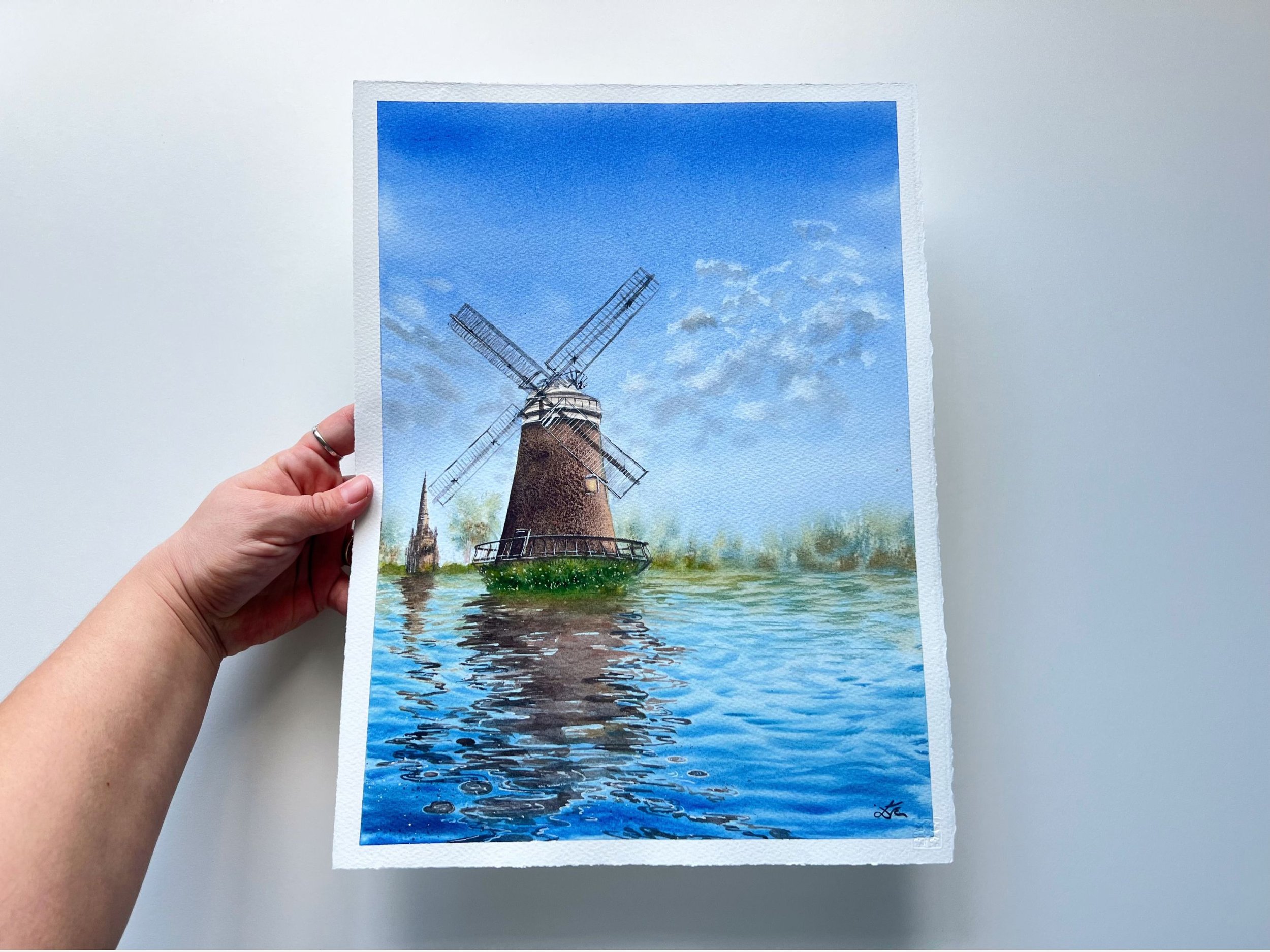Windmill's Reflections Watercolor Painting | Landscape Wall Art for Lakehouse & Farmhouse | Impressionistic Artwork Decor closeup in my hand
