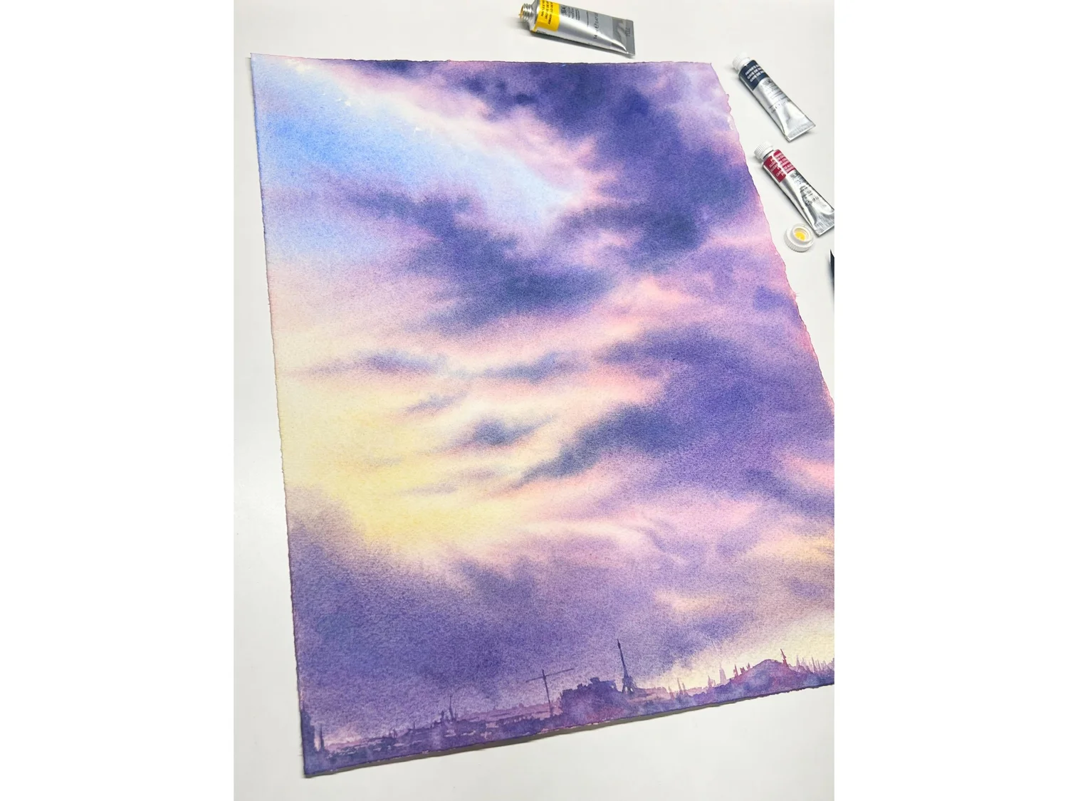 Purple Clouds - Original Watercolor Painting  with art supplies