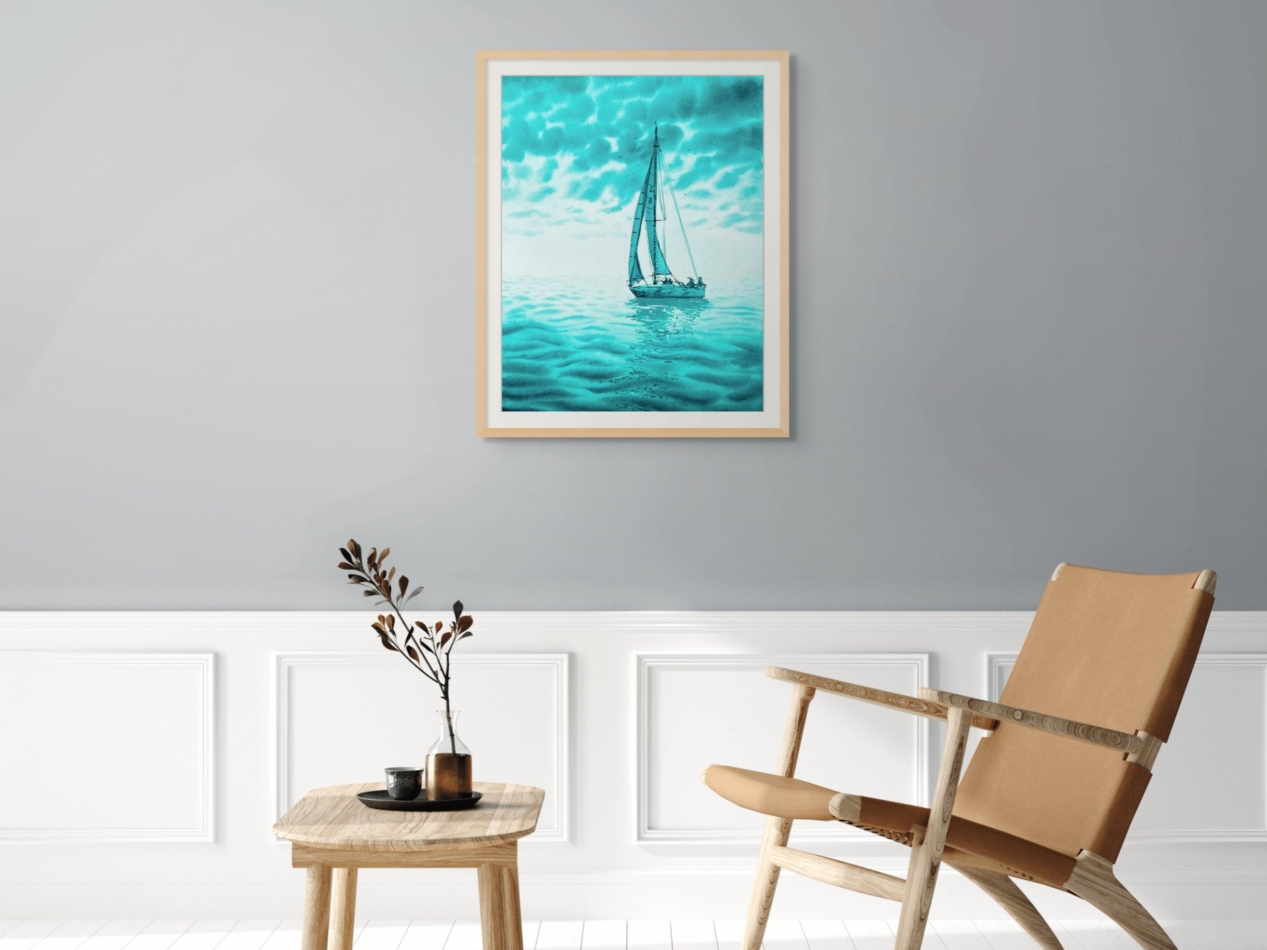 Monochromatic turquoise watercolor of a sailing yacht in the open sea. "Turquoise Green" evokes adventure and freedom with dynamic brushstrokes and vibrant hues. In a living room.