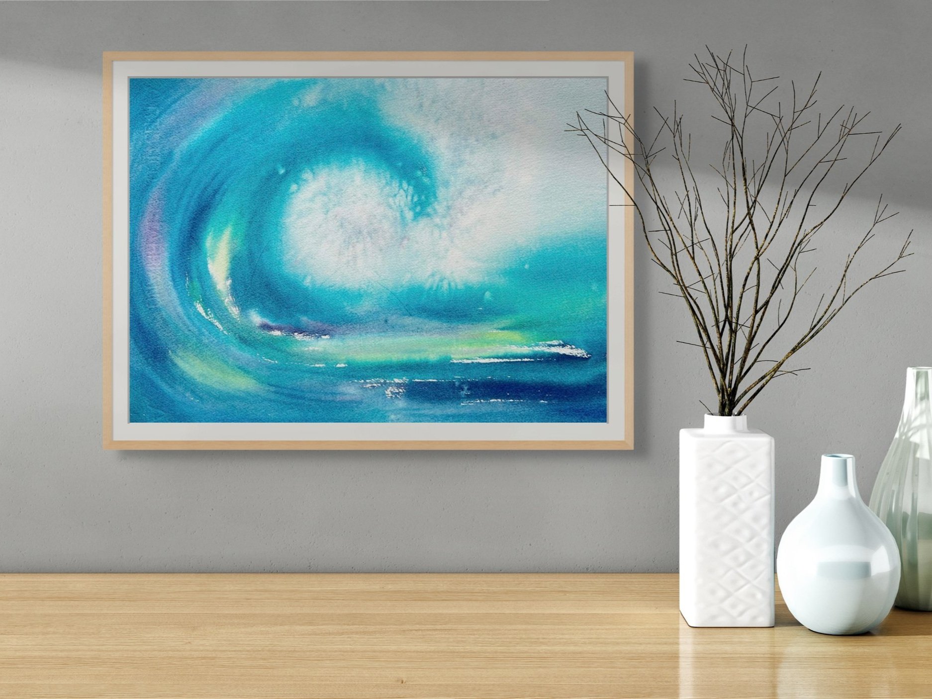 Vibrant sailing yacht watercolor painting in turquoise green, elegantly staged in a corridor, adding a touch of adventure and style to your home.