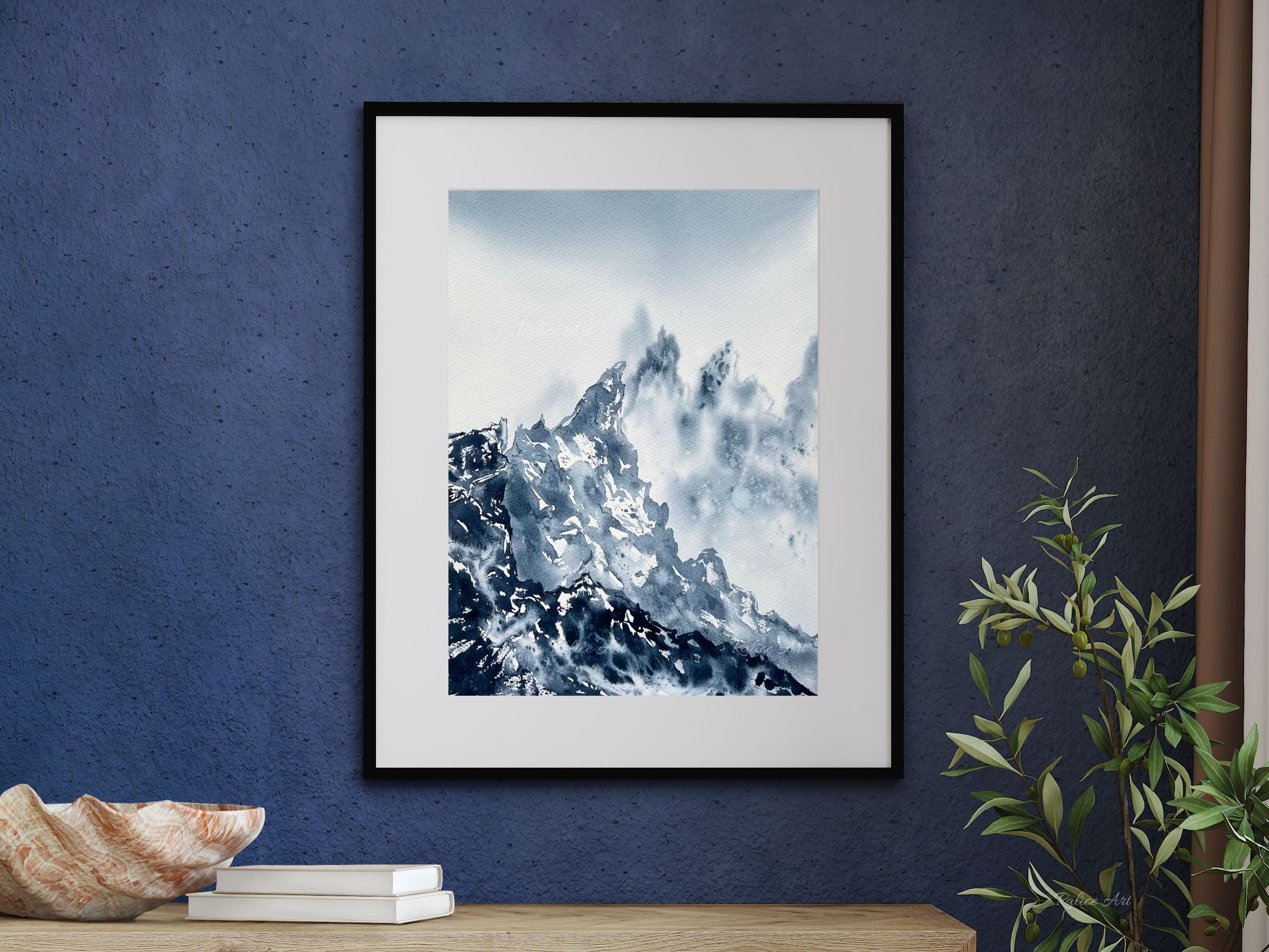 Textures - Original Watercolor Mountain Painting, Rocky Landscape Painting, Rocky Mountain National Park, Monochrome Original Home Art Decor in a setting on a shelf