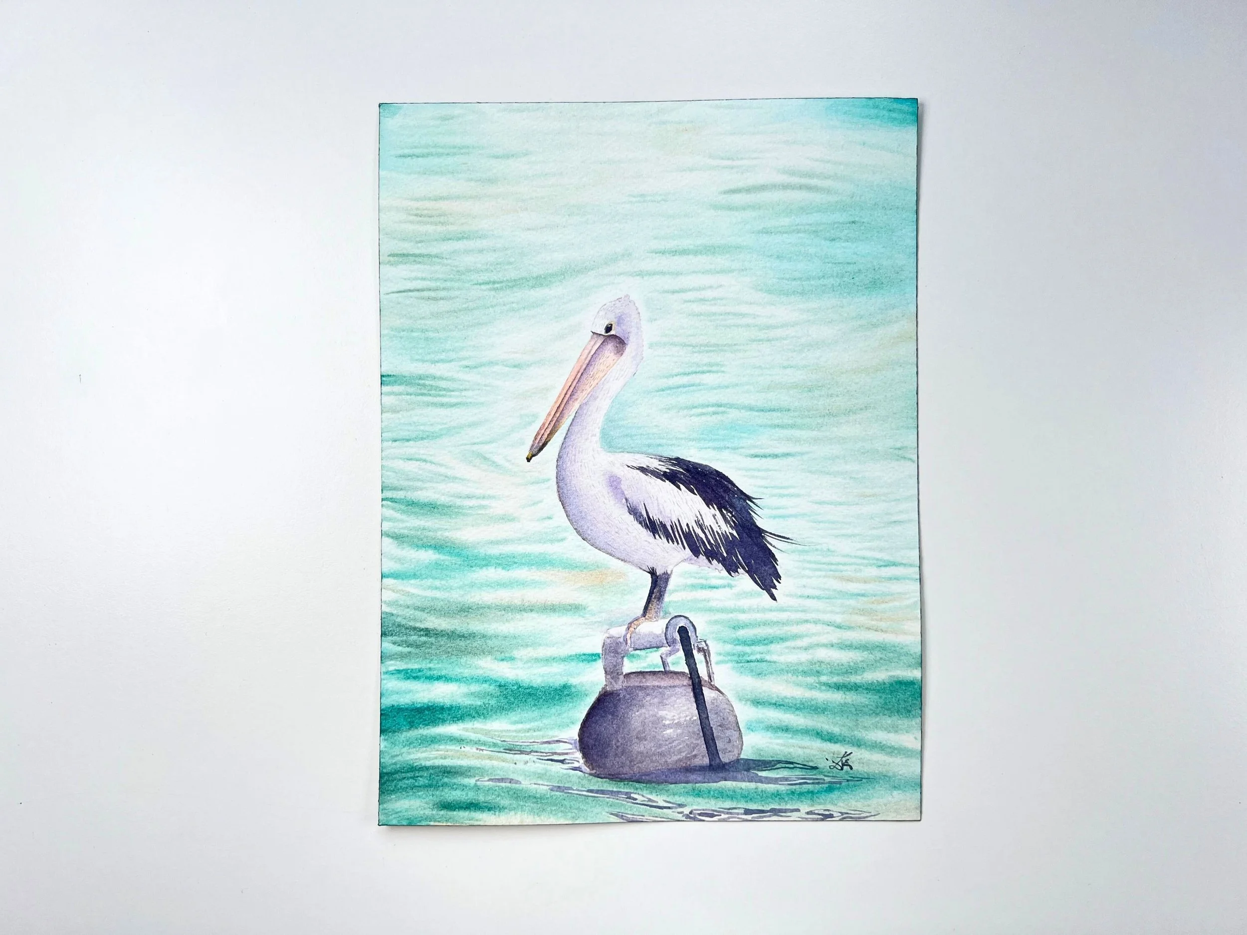 closeup of an Original Watercolor Pelican Painting - Rustic Home Decor - Wildlife Nursery Art