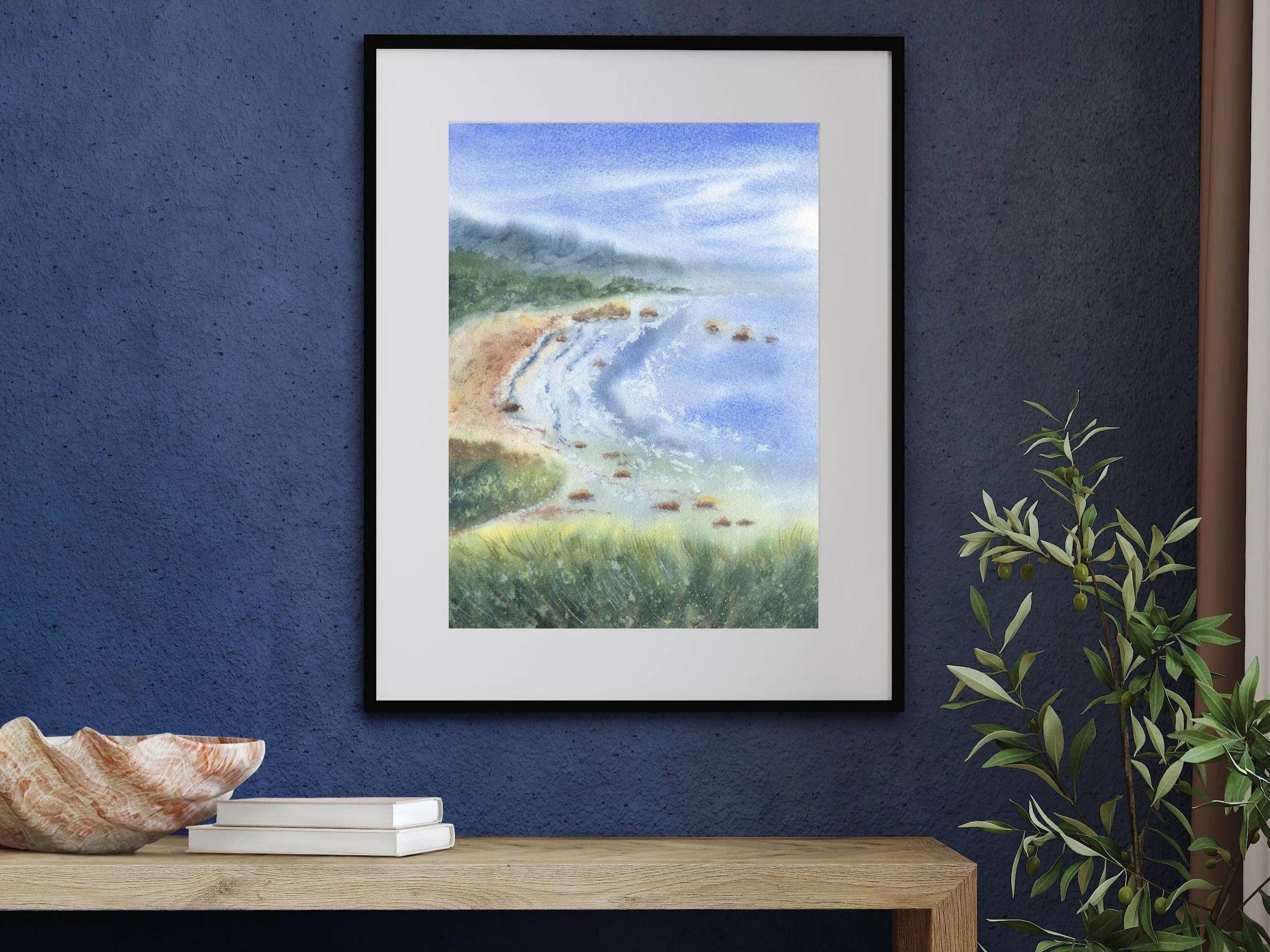 Coastal Bay Watercolor Landscape Art Print, Misty Shoreline and Cliffs 3.jpg