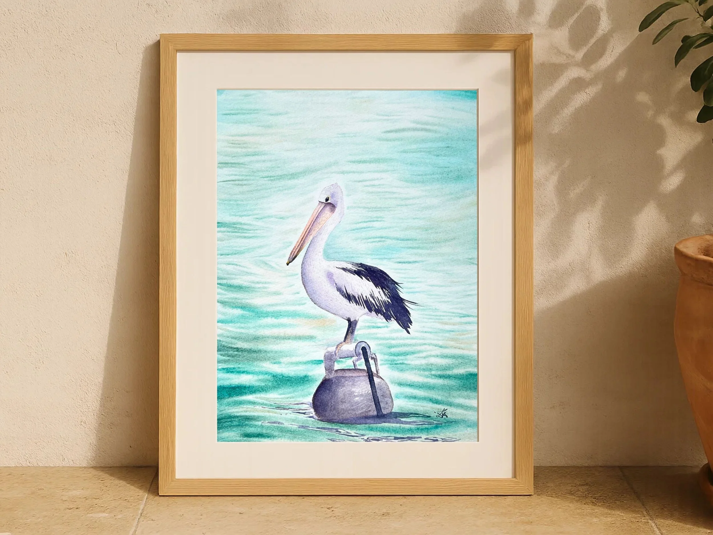 Australian Pelican Original Watercolor Painting framed- Wildlife Art for Rustic Homes