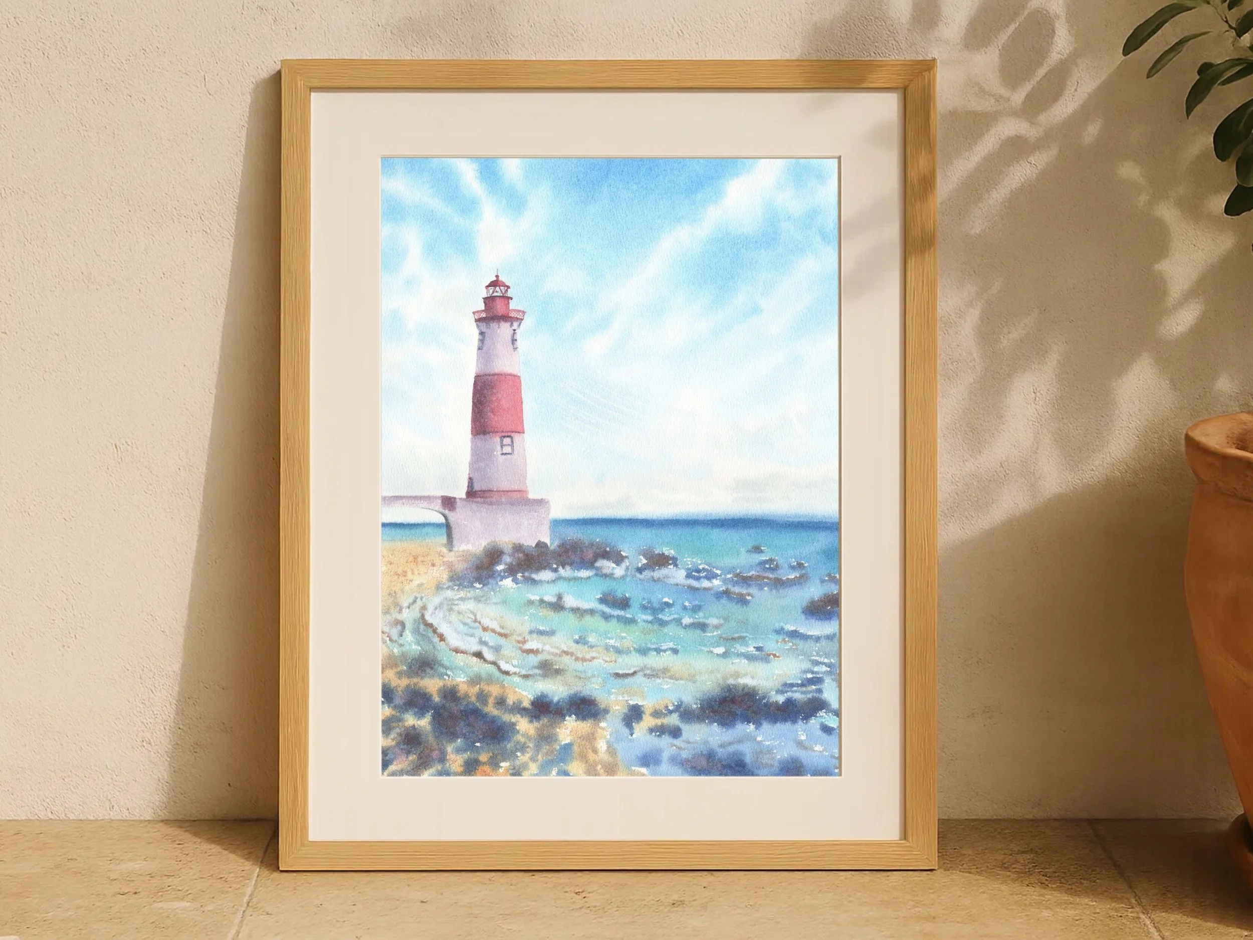 Coastal Lighthouse Archival Art Print, Watercolor Lighthouse Painting, Nautical Wall Art, Ocean Landscape Decor 6.jpg