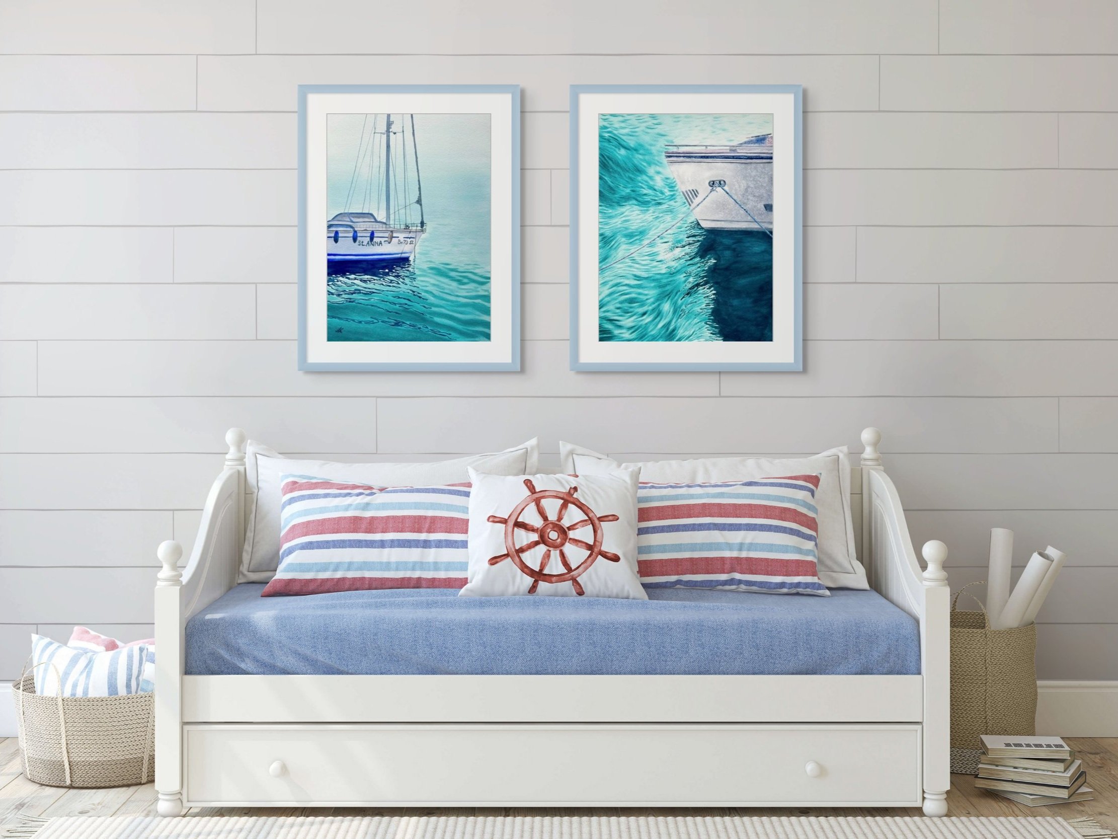 Original watercolor painting "Wind" framed and staged in a living room or hallway, adding nautical elegance and dynamic energy to the space.