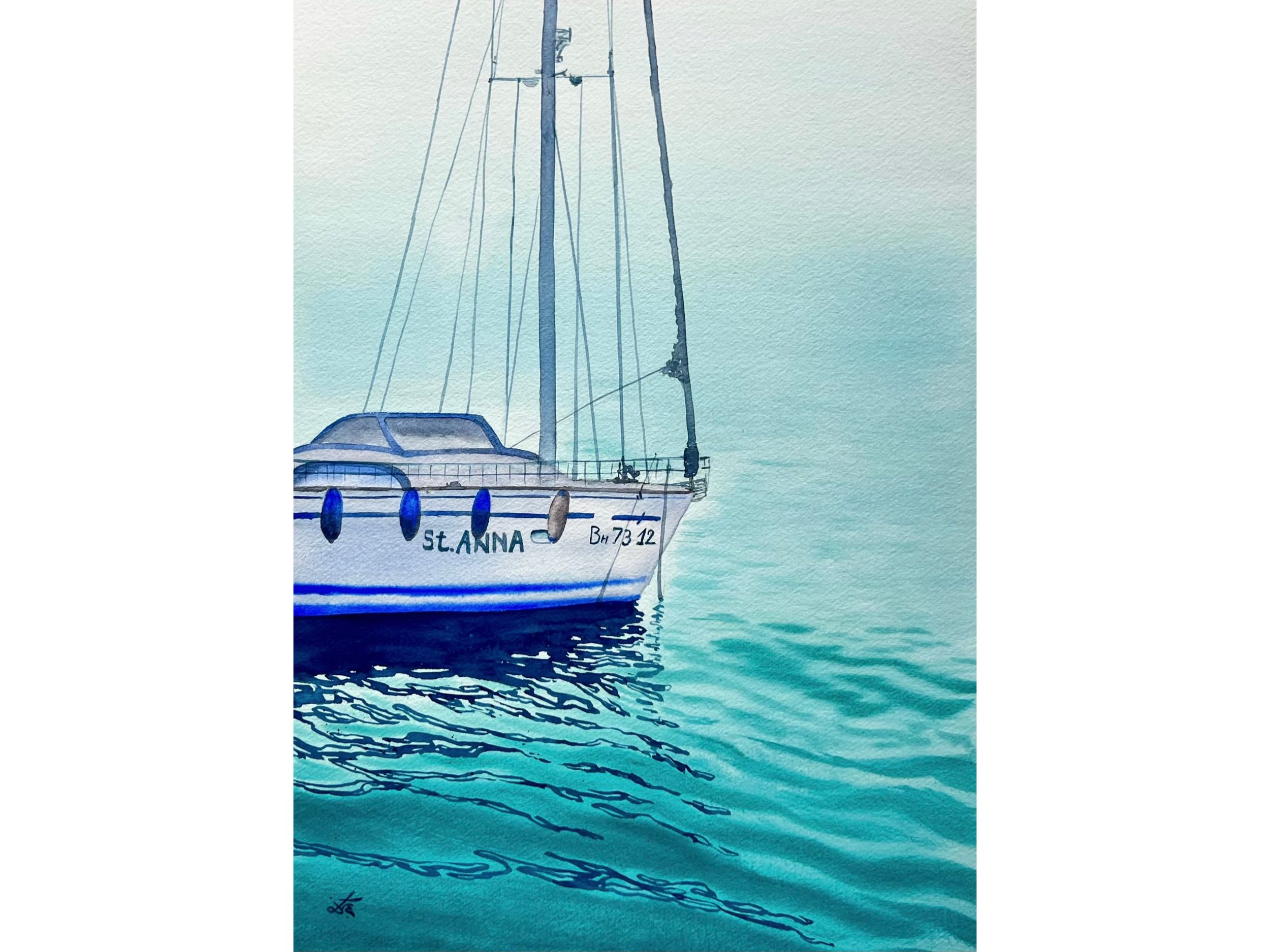 Closeup of the original watercolor painting "St. Anna" featuring a sailboat at Varna’s pier with soft, tranquil hues and gorgeous reflections.