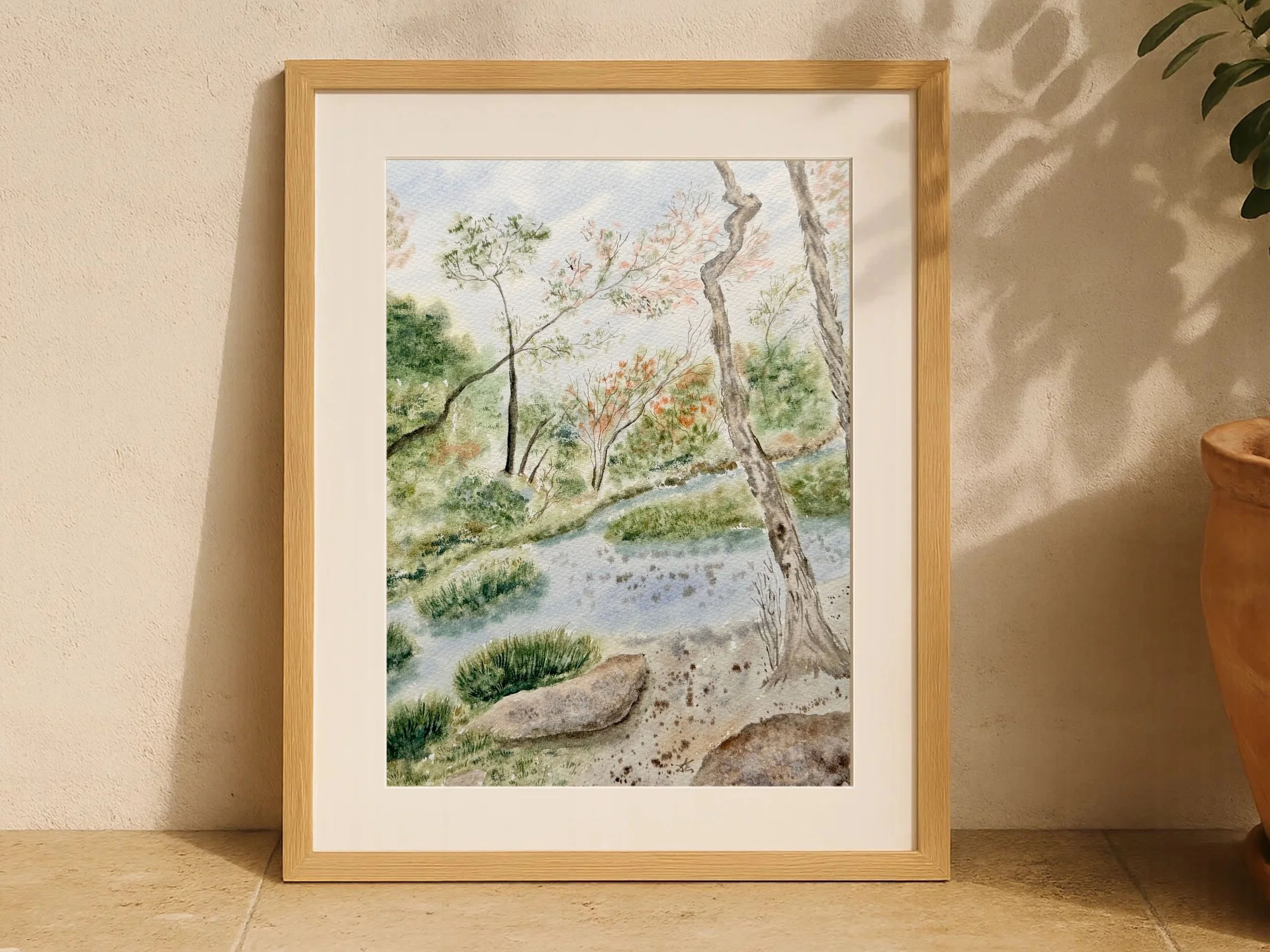 Original Watercolor Woodland Landscape Painting, Serene Forest Path With a Strea.jpg