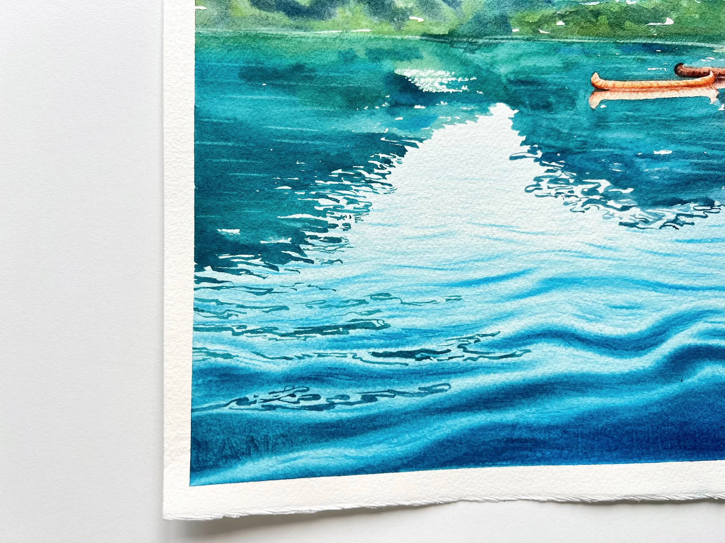 Close up of Original Watercolour Painting on Paper inspired by the stunning Lago di Braies in the Italian Dolomites