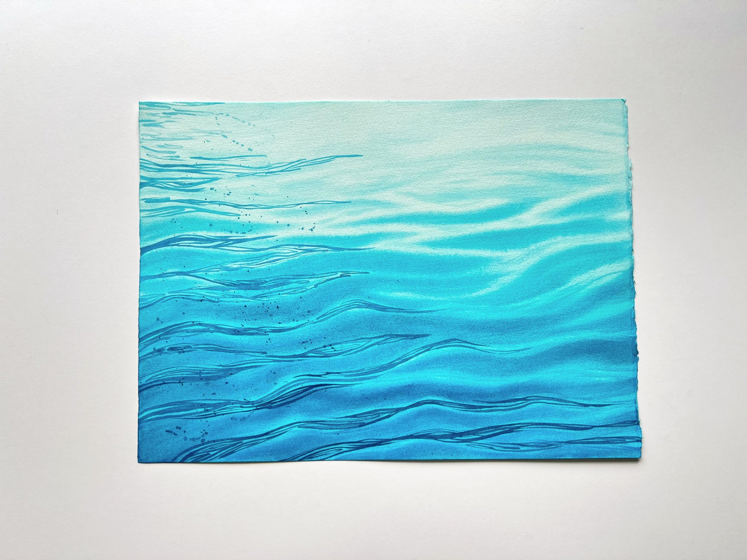 Closeup of the original watercolor painting "Still Waters" showcasing soft brushstrokes, gentle wave motion, and tranquil reflections.