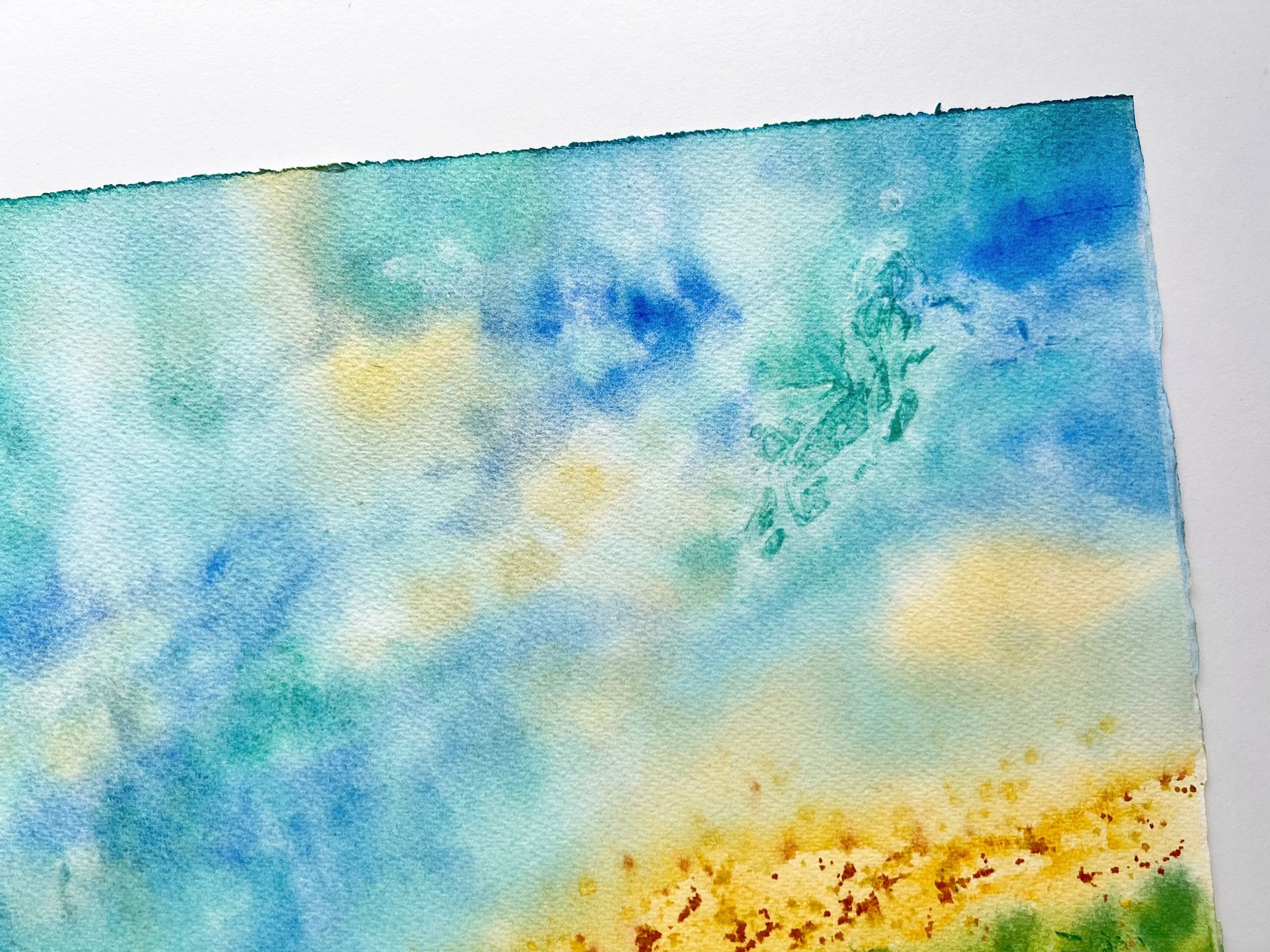 Closeup of the original watercolor painting "Abstract Seascape" showcasing soft hues, flowing brushstrokes, and textured details for a serene coastal feel.