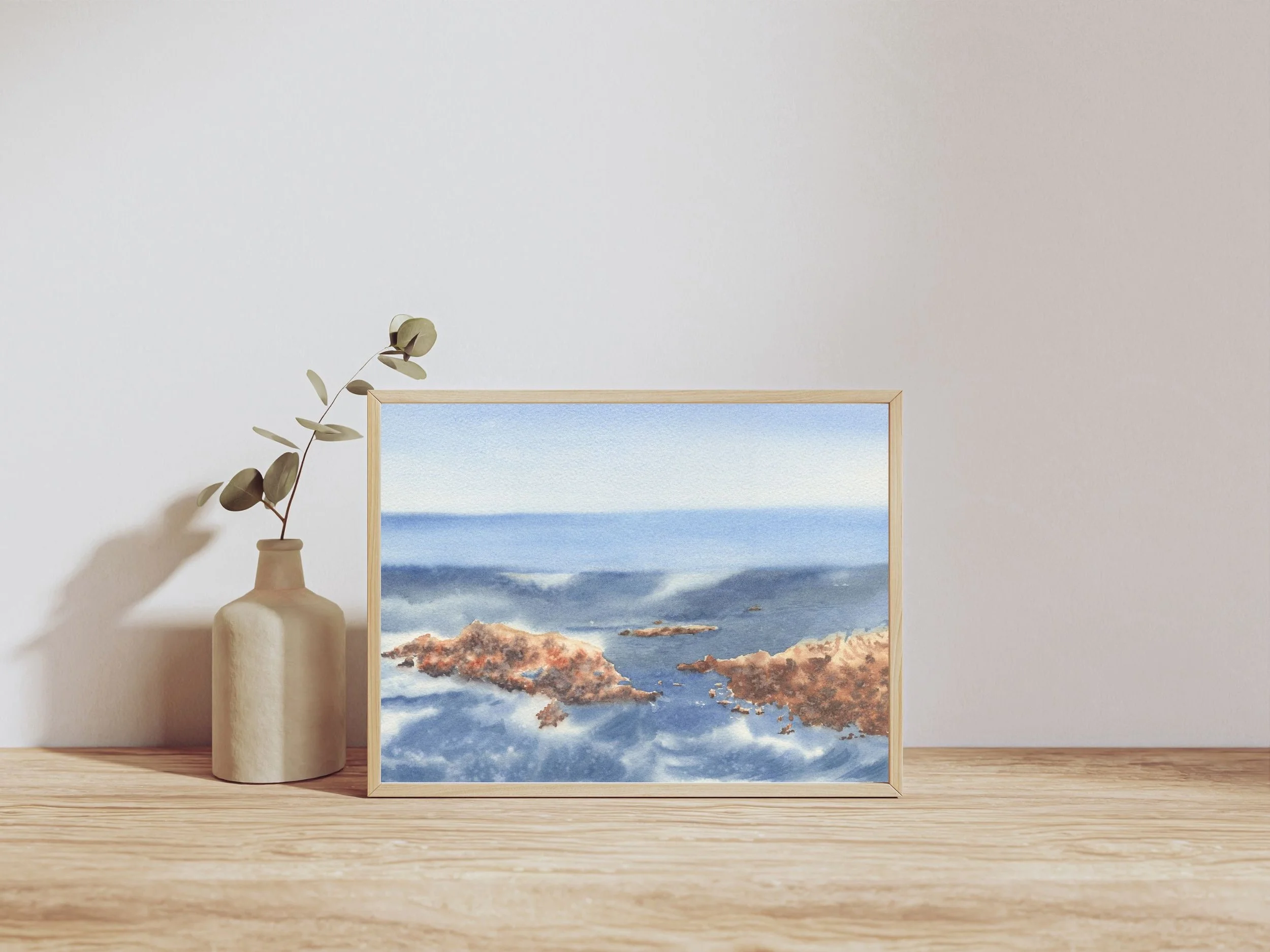 Ocean Waves with Rocks Watercolor Art Print, Seascape Wall Art, Blue Coastal Decor, Poster 4.jpg